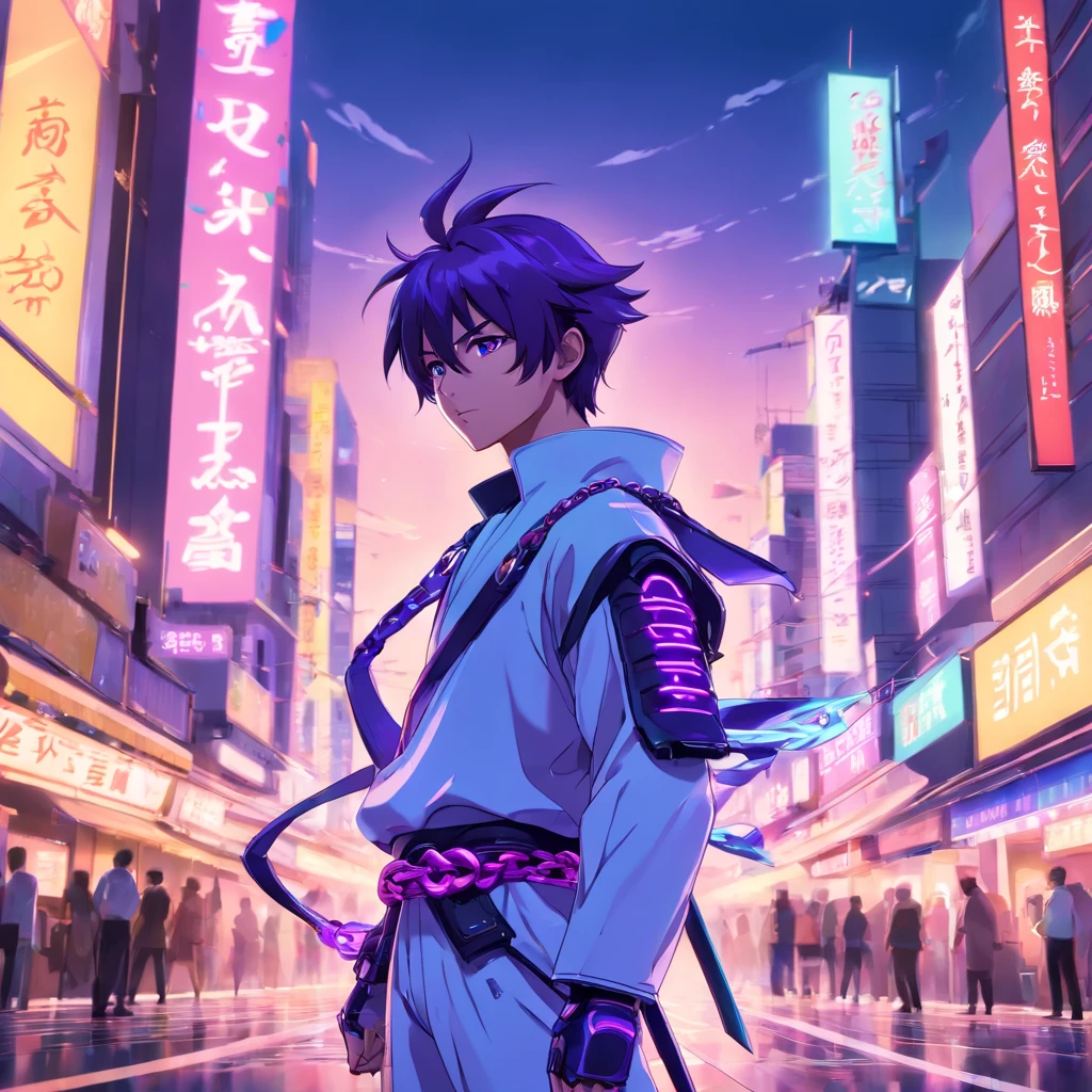 The anime portrait full body a cyber samurai man, with 2 samurai chain, using a cyber half helmet white and purple, featuring a white and purple color scheme, the scene is set in a futuristic cyberpunk cityscape, with neon lights illuminating the surroundings, battle scene, The artwork is highly detailed and intricate