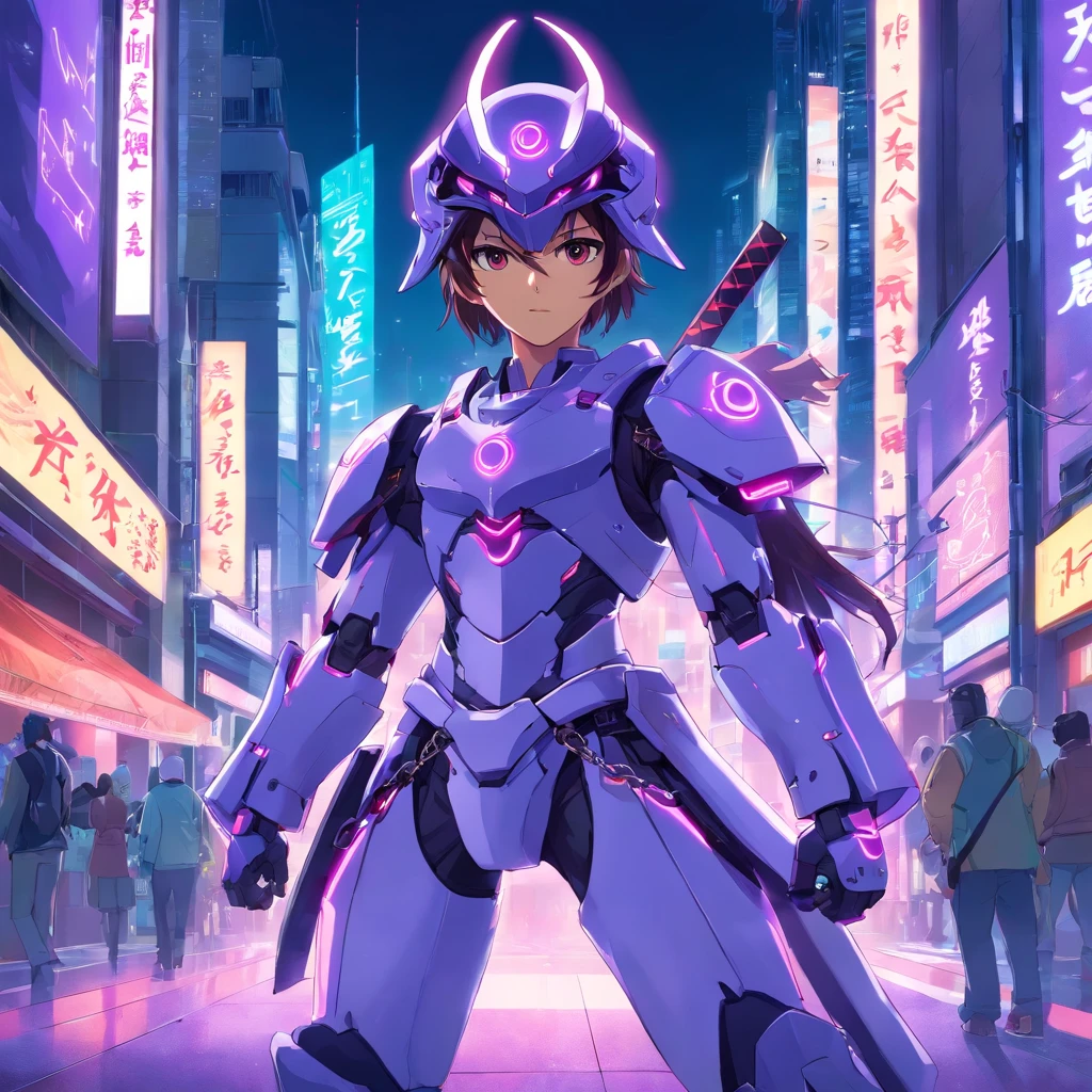 The anime portrait full body a cyber samurai man, with 2 samurai chain, using a cyber half helmet white and purple, featuring a white and purple color scheme, the scene is set in a futuristic cyberpunk cityscape, with neon lights illuminating the surroundings, battle scene, The artwork is highly detailed and intricate