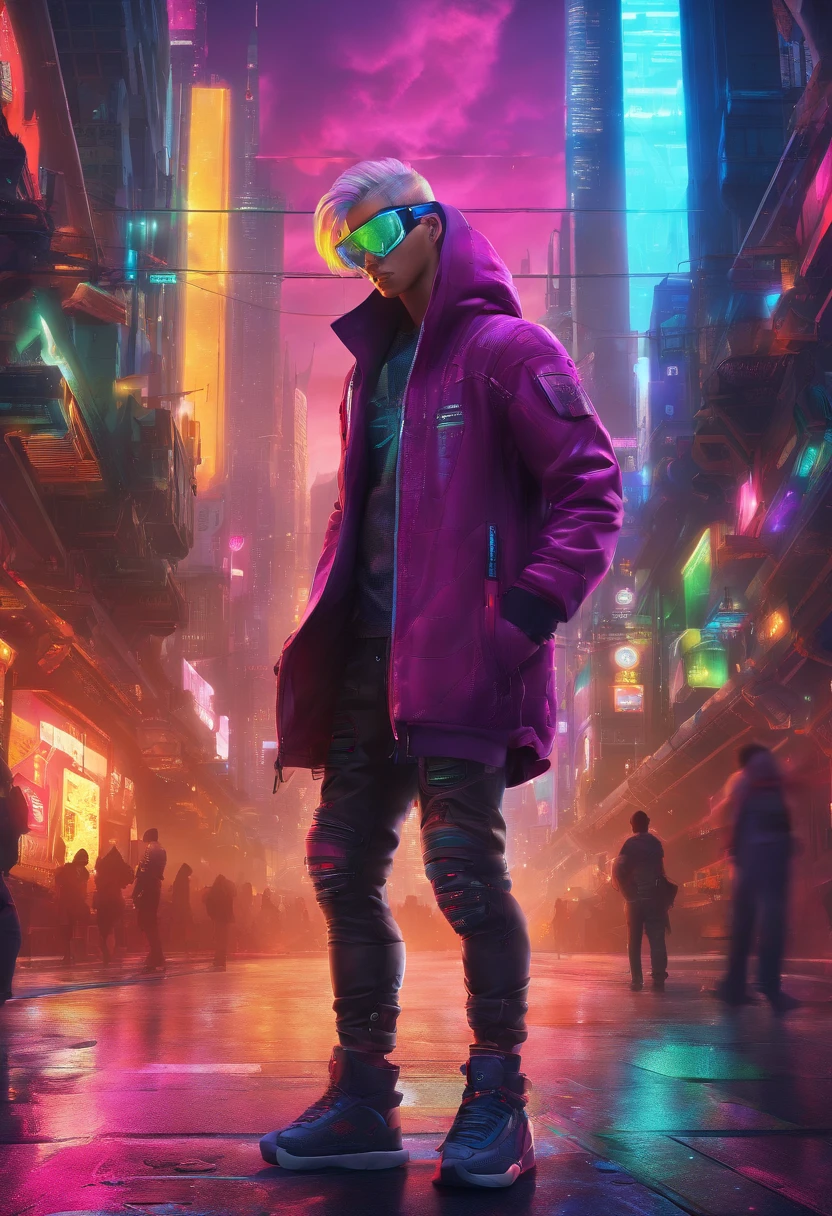 The most beautiful futuristic space boy, rainbow colour hair, a purple eye, Wear a hoodie, graphic t shirt, Ripped skinny jeans and highly refined technologically futuristic gear, Suspended in the future high-tech city,Starcloud,Very detailed background, Perfect masterpiece, High quality, high resolution,large scene,