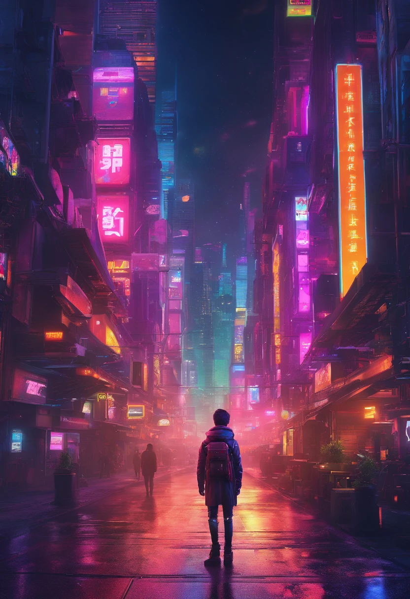 The most beautiful futuristic space boy, rainbow colour hair, a purple eye, Wear a hoodie, graphic t shirt, Ripped skinny jeans and highly refined technologically futuristic gear, Suspended in the future high-tech city,Starcloud,Very detailed background, Perfect masterpiece, High quality, high resolution,large scene,