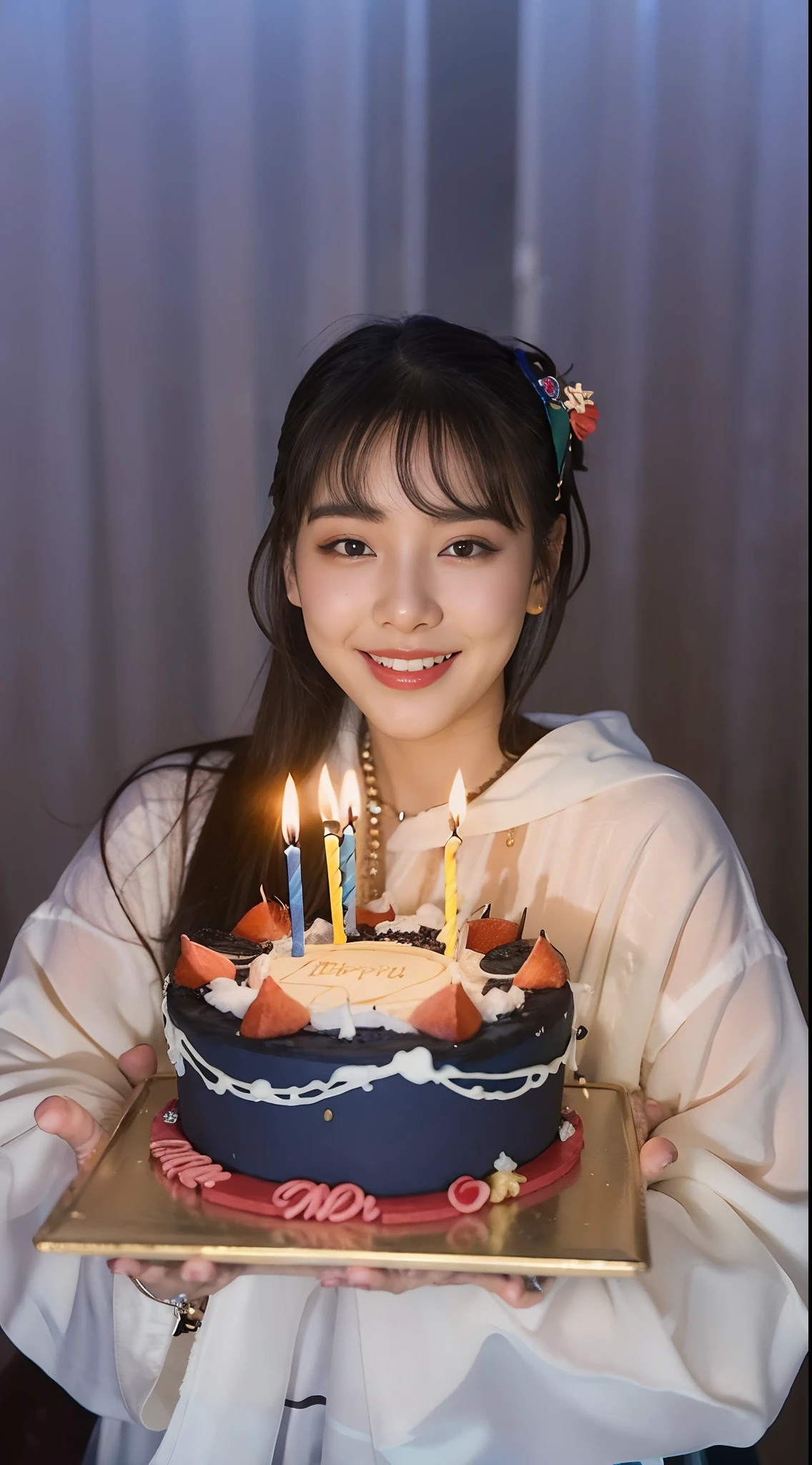 araffe girl holding a birthday cake with lit candles, happy birthday, holding a birthday cake, krystal, lalisa manobal, with bangs, she is 2 3, profile pic, ulzzang, dilraba dilmurat, jaeyeon nam, with full bangs, cake, profile image, celebrating a birthday, birthday cake, iu