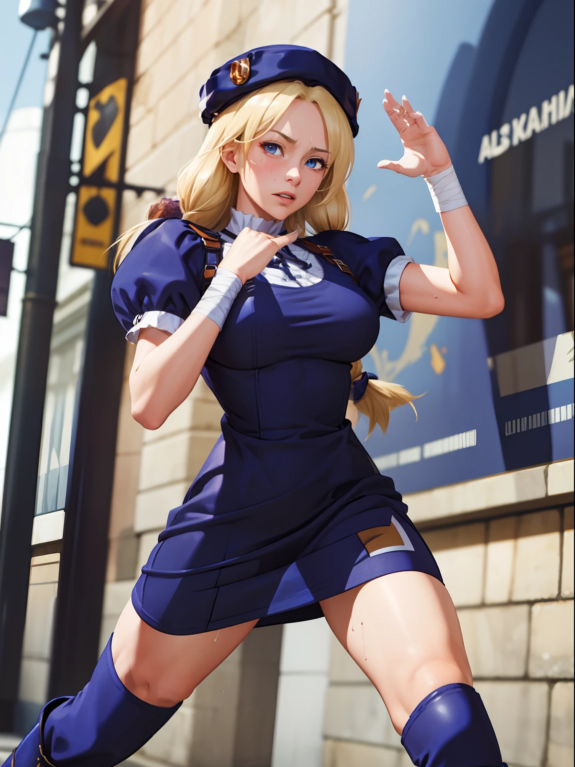 ((masterpiece:1.2, best quality)), 1girl, (HinakoMS:1.4), hat, blue eyes, short dress, beret, bandages, ribbon, knee pads, short sleeves, camel toe, blue boots, fight pose, sweating, sweat, tired, arm over head, masterpiece, and (extremely delicate and beautiful), extremely detailed, CG, unity , 2k wallpaper, Amazing, finely detail, extremely detailed CG unity 8k wallpaper, huge filesize, ultra-detailed, highres, absurdres.