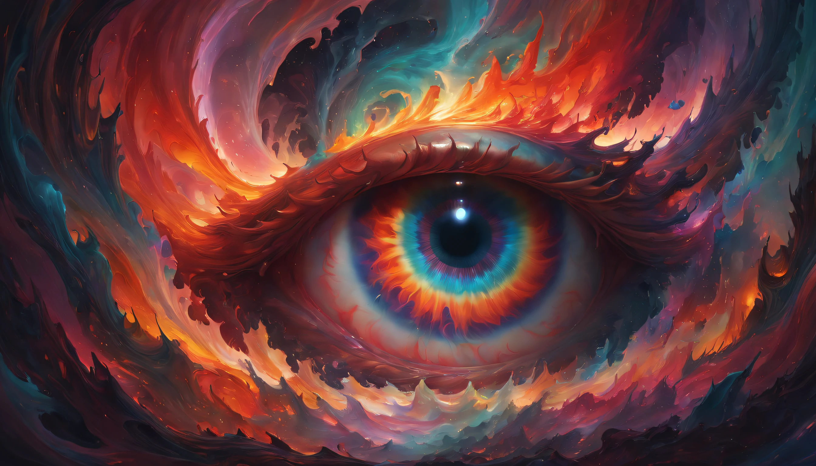"Devil's Eye engulfed in a mesmerizing swirl of colors and reflections, illuminating a surreal landscape beneath it."