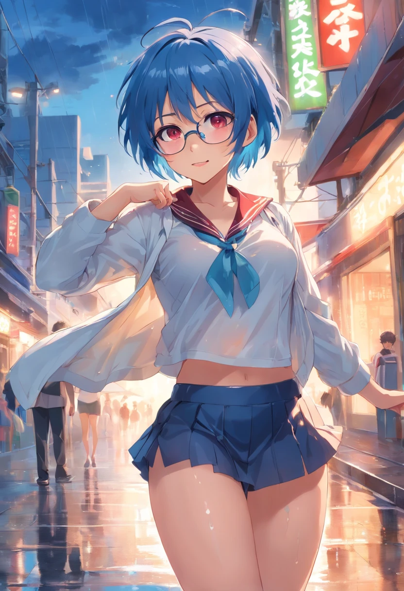 masutepiece, Best Quality, hight resolution,  1girl in, Solo, Blue hair, Short hair, Red Eyes, Roalim Glasses, Hair above both eyes, Collar, naughty expression, Ribbon trim, Hair Ribbon, X Hair Ornament, frilld, White crop top, Short crop open jacket,  Wet tank top, White skirt, Wet , Transparent panties, Wet panties, cleavage, Sweating, Outdoors, Sexy Pose, Sensual milf, Naughty smile, Perfect background, Perfect light, Big eyes, extra detailed face, (Perfect hands)