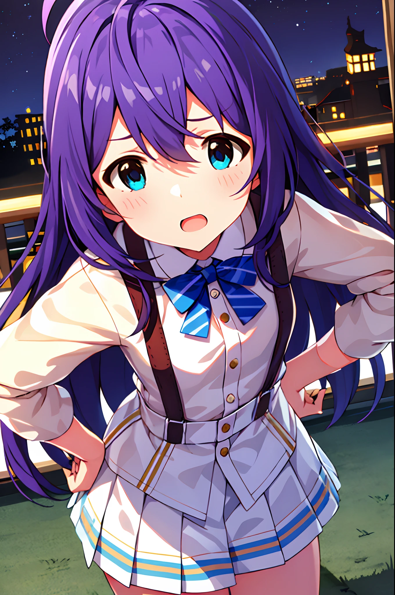 {{{{{mochizuki anna}}}}},1girl,solo,long hair,purple hair,small_ahoge,blue eyes.short stature.white t-shirts.suspenders.skirt.(((masterpiece))).(((best quality))).((ultra-detailed))).(((illustration))).night view.small Breasts.up chest.put hands on the hip.Sad face.open mouth.