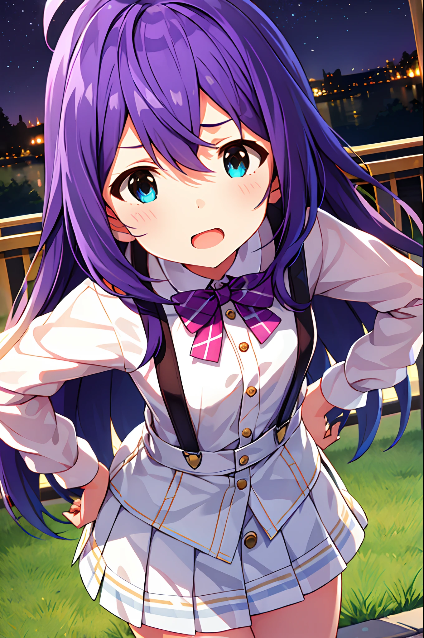 {{{{{mochizuki anna}}}}},1girl,solo,long hair,purple hair,small_ahoge,blue eyes.short stature.white t-shirts.suspenders.skirt.(((masterpiece))).(((best quality))).((ultra-detailed))).(((illustration))).night view.small Breasts.up chest.put hands on the hip.Sad face.open mouth.