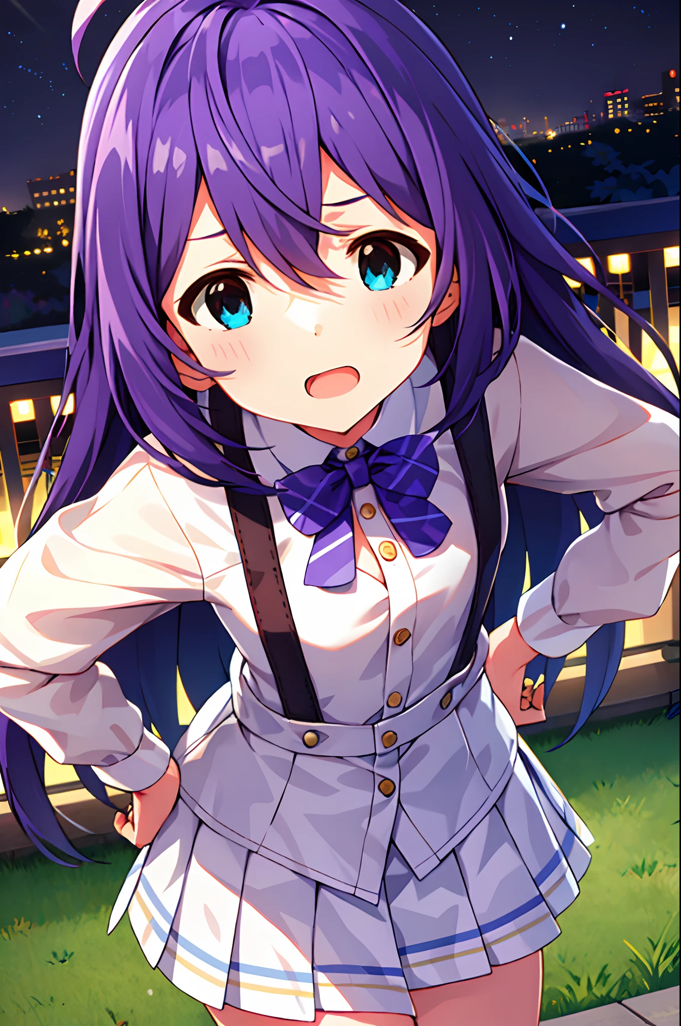 {{{{{mochizuki anna}}}}},1girl,solo,long hair,purple hair,small_ahoge,blue eyes.short stature.white t-shirts.suspenders.skirt.(((masterpiece))).(((best quality))).((ultra-detailed))).(((illustration))).night view.small Breasts.up chest.put hands on the hip.Sad face.open mouth.