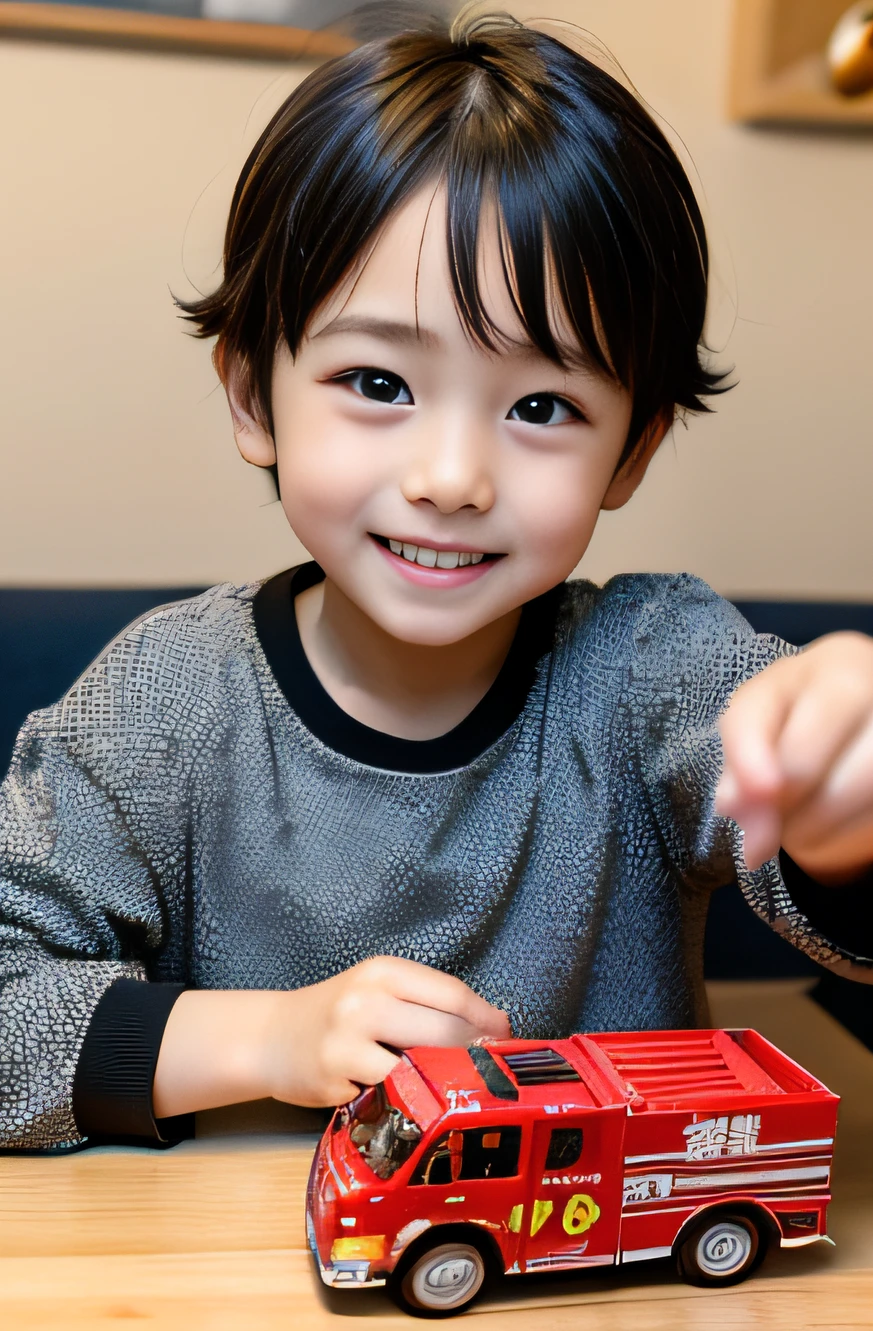 realistic、Realistic as a photo、hight resolution、​masterpiece、2-year-old boy from Japan、Okappa、Playing with a fire truck toy、Great smile