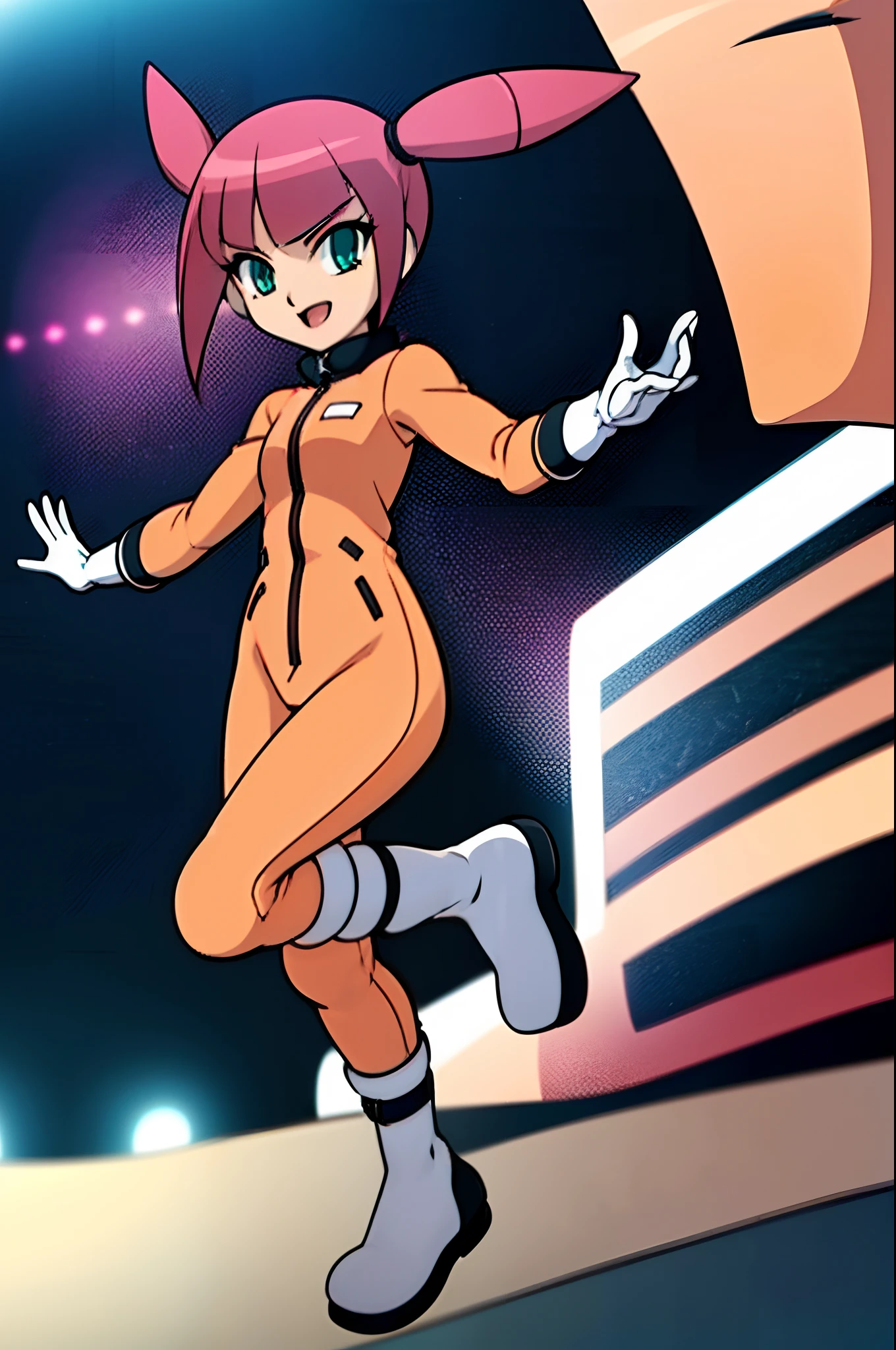 (Complete body, good anatomy, masterpiece, best quality) 1 girl, , slim, solo!!, pink hair, short hair, pink twintails, aqua eyes, orange and grey jacket, white gloves, grey legwears, white platform shoes, happy, futuristic city, night