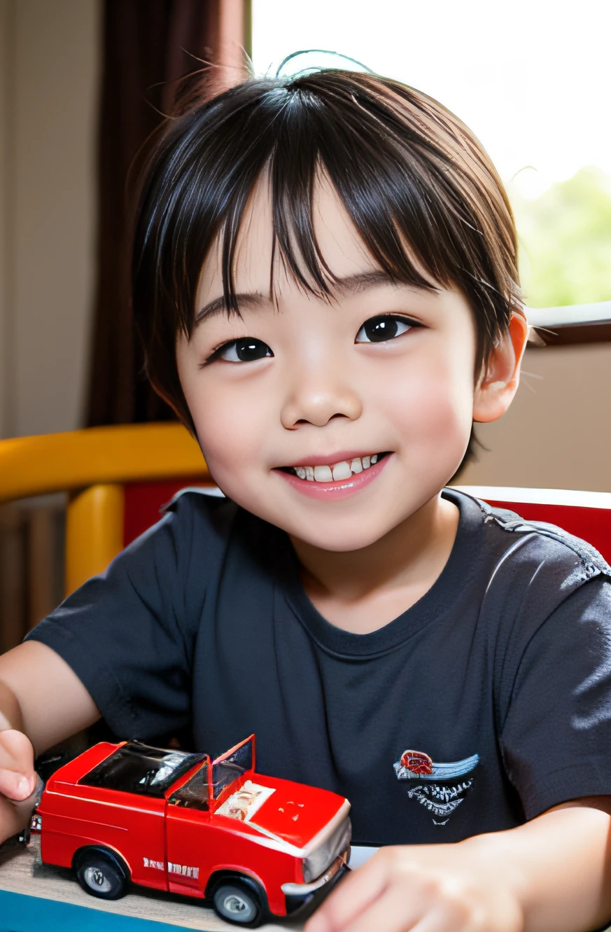 realistic、Realistic as a photo、hight resolution、​masterpiece、2-year-old boy from Japan、Okappa、Playing with a fire truck toy、Great smile