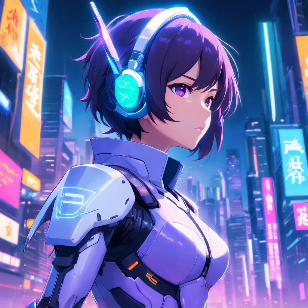 detailed 2d anime style, potrait cyber ninja man white and purple, futuristic neon cyberpunk suit, using futuristic helmet faceless, with 2 sword on his back, stunning artwork, shimmering shadows, strong colors, cyberpunk concept with neon effect, black hair, green eyes, cyberpunk background with purple and blue lights