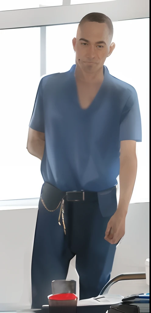 There is a man all over the body, blue uniforms, Blue shirt, full body close-up shot, upper body avatar, Realistic details, he wears a blue shirt, distant full body view, full body profile camera shot, (The texture of the clothes is clear),Complicated details