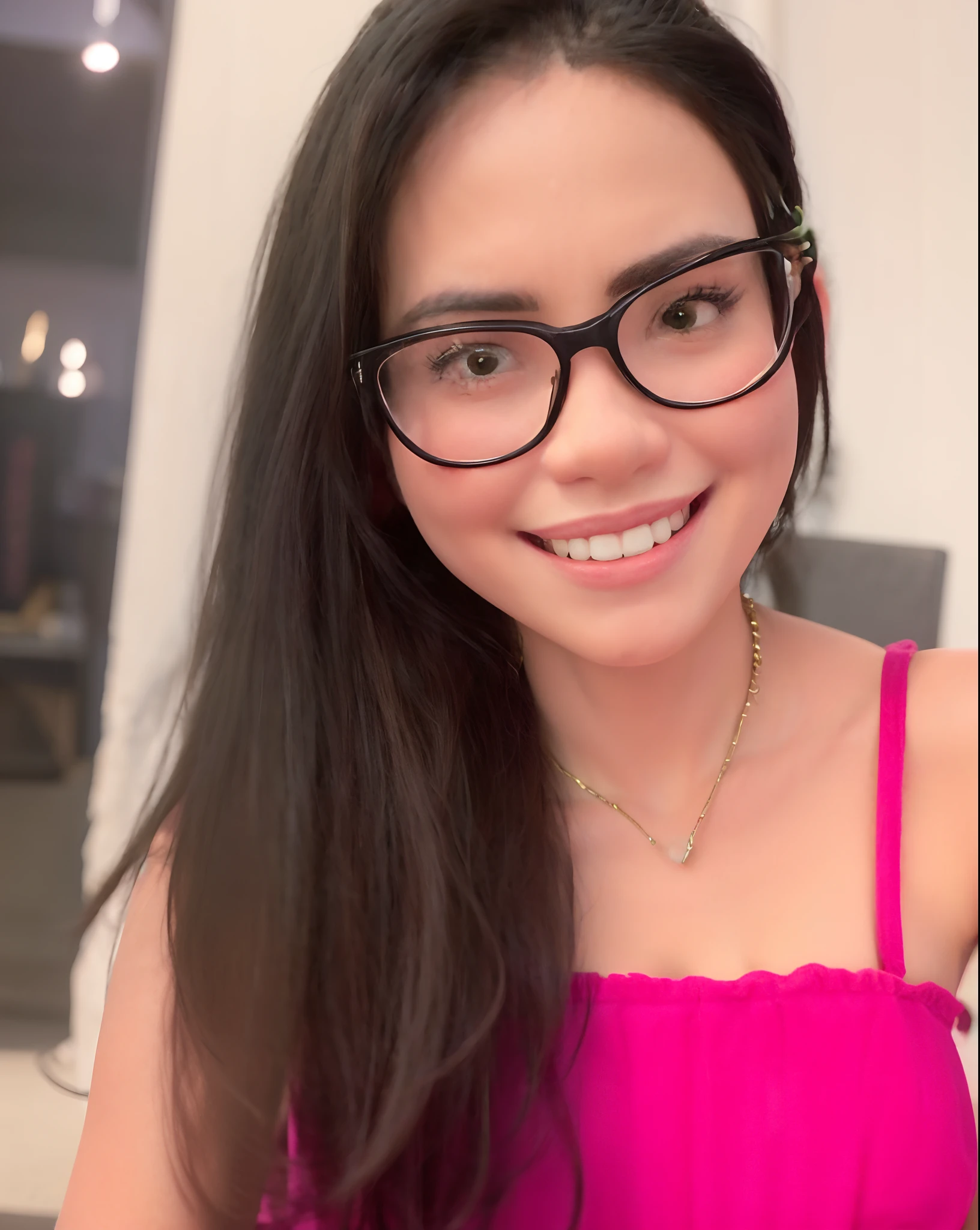 Smiling woman in pink dress with glasses and necklace posing for a photo, 2 8 anos, 2 7 anos, Foto de perfil do headshot, 2 9 anos, 2 3 anos, Mai Anh Tran, Alanis Guillen, 3 0 anos de idade mulher, mulher de 30 anos, With eye Glasses, cindy avelino, leve sorriso nerd, 2 4 anos