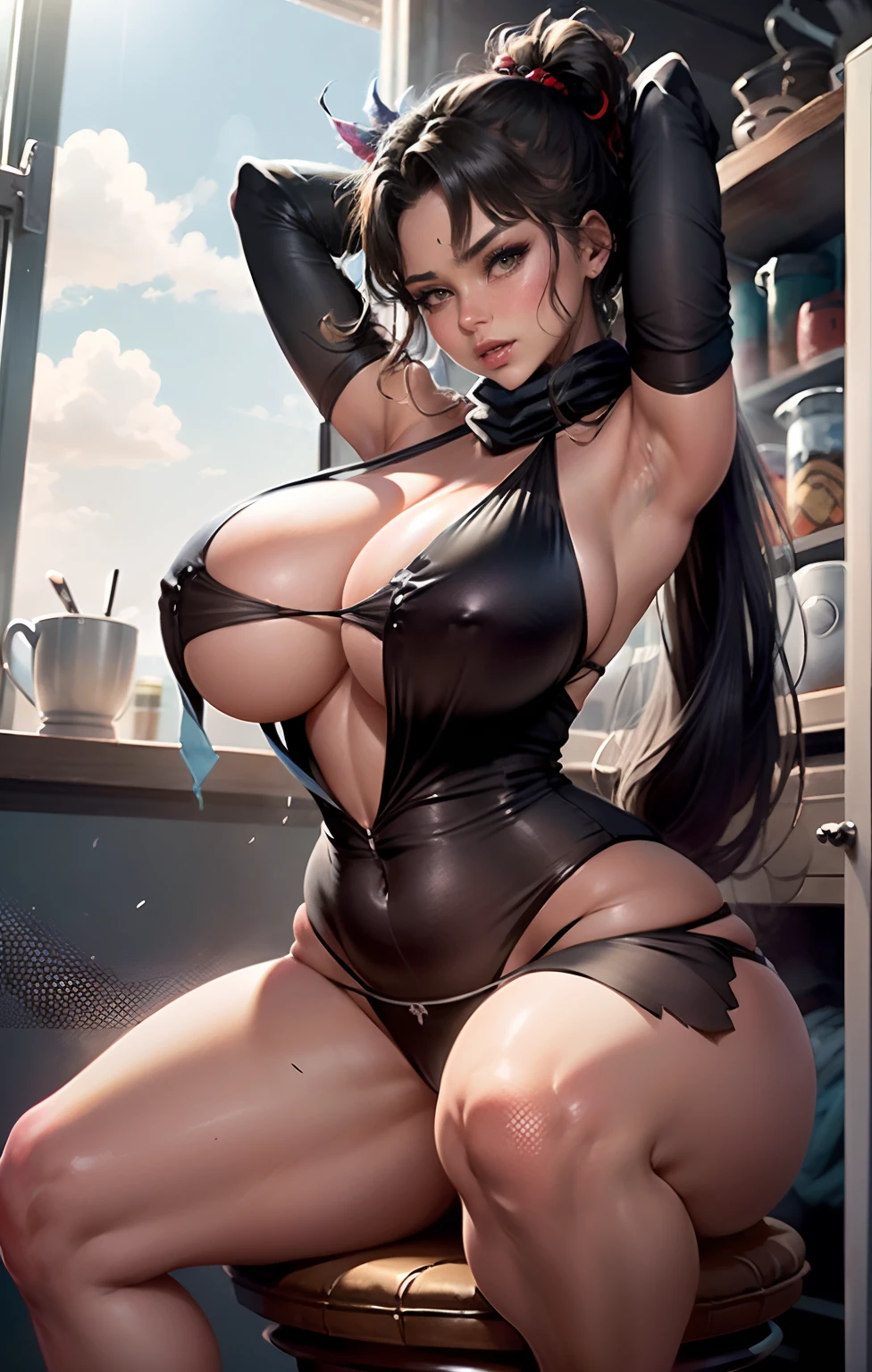 Best quality at best,offcial art,The is very detailed的 CG unified 8k 壁纸,hugefilesize,The is very detailed,A high resolution,The is very detailed,Beautiful Meticulous Girl,very detailed eyes and faces,beatiful detailed eyes,light in face,电影灯光,2girls,(from below:1.3),(ssee-through:1.2),looking at viewert,full bodyesbian,fully body photo,pigtails,blowing tides,Drooling cracks ,(((Huge breasts :1.6, and droopy breasts:1.5))), spread their legs,sexual excitement,sexual expressio,being thin,Perfect body curves,high-heels,exteriors,Hip width,Slim thighs,(Transparent ultra-little bubikini,see-through thong,Open tong,), the roof,natta,Neon lights in the back,A girl wearing a transparent silk scarf,don't have clothes,with no underpants,has extremely gigantic breasts,siting on a toilet,legs are open,arms raised above the head,Pose seductively,