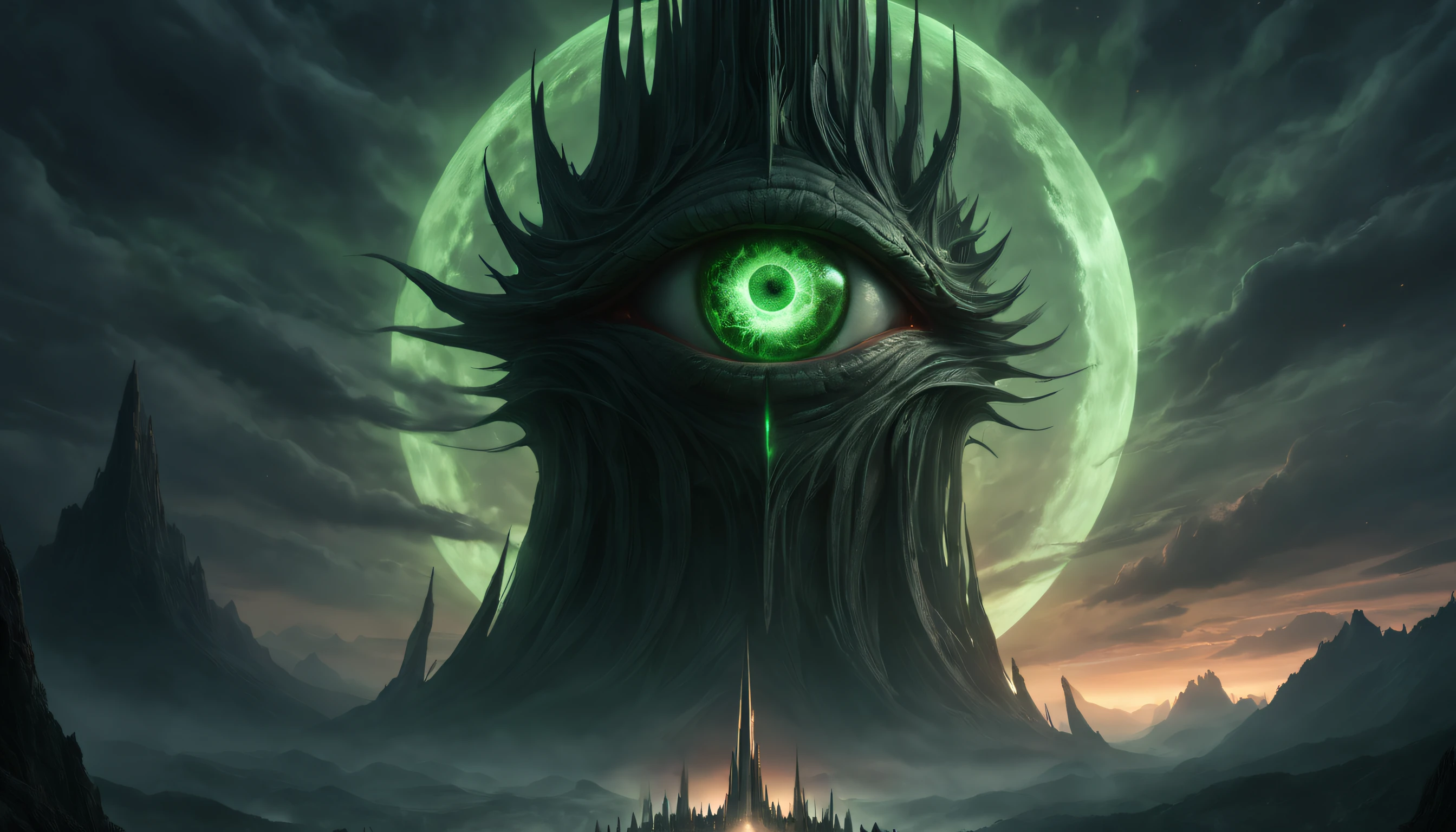 In a twilight sky, the Eye of Sauron sits atop a colossal tower, its sinister gaze radiating energy waves and its silhouette illuminated by a massive green moon.