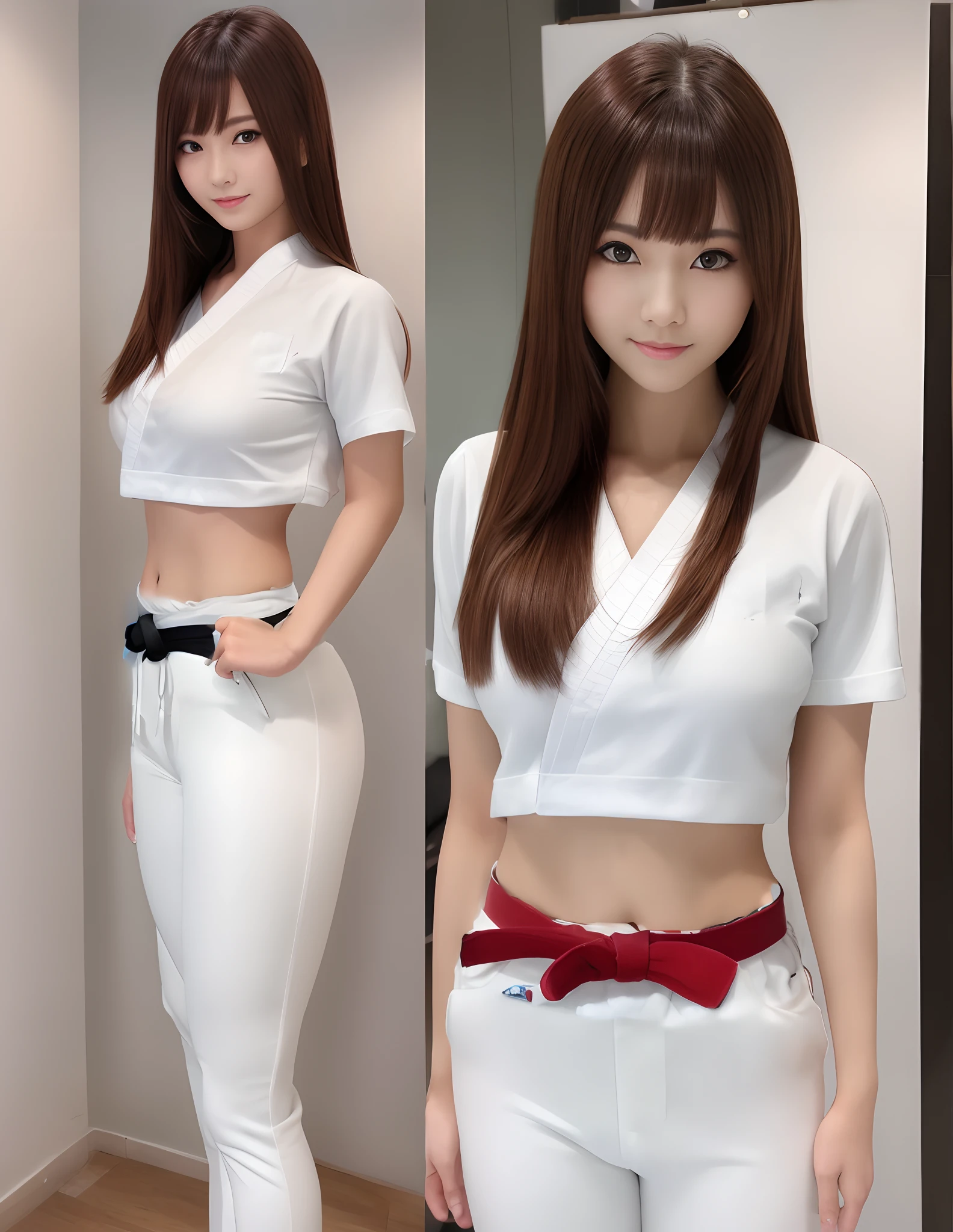 A close up of a woman in a white top and white pants - SeaArt AI