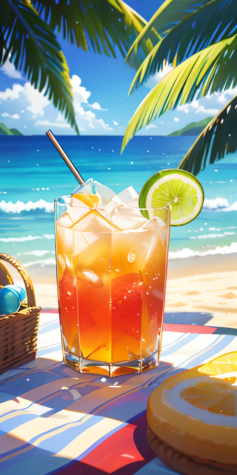 Using the right hand, macro photography depicts picnic scenes themed around a tropical beach holiday in summer. The protagonist of this photo is a cool glass filled with iced carbonated drinks. The lens focuses on glasses, fruit, dazzling midday sun, fisheye lenses, distant views, a hearty meal, (splashed liquid: 1.6), ice, (picnic scene: 0.5) (cute dessert: 0.4), dripping. It's filled with carbonated drinks, translucent liquid, daytime outdoor lights (beach 1.5), tropical plants, hot weather, HD detail, wet watermark, hyperdetail, cinematic, surrealism, soft light, deep field focus bokeh, ray tracing, diffuse (ultra-fine glass reflection), and surrealism.