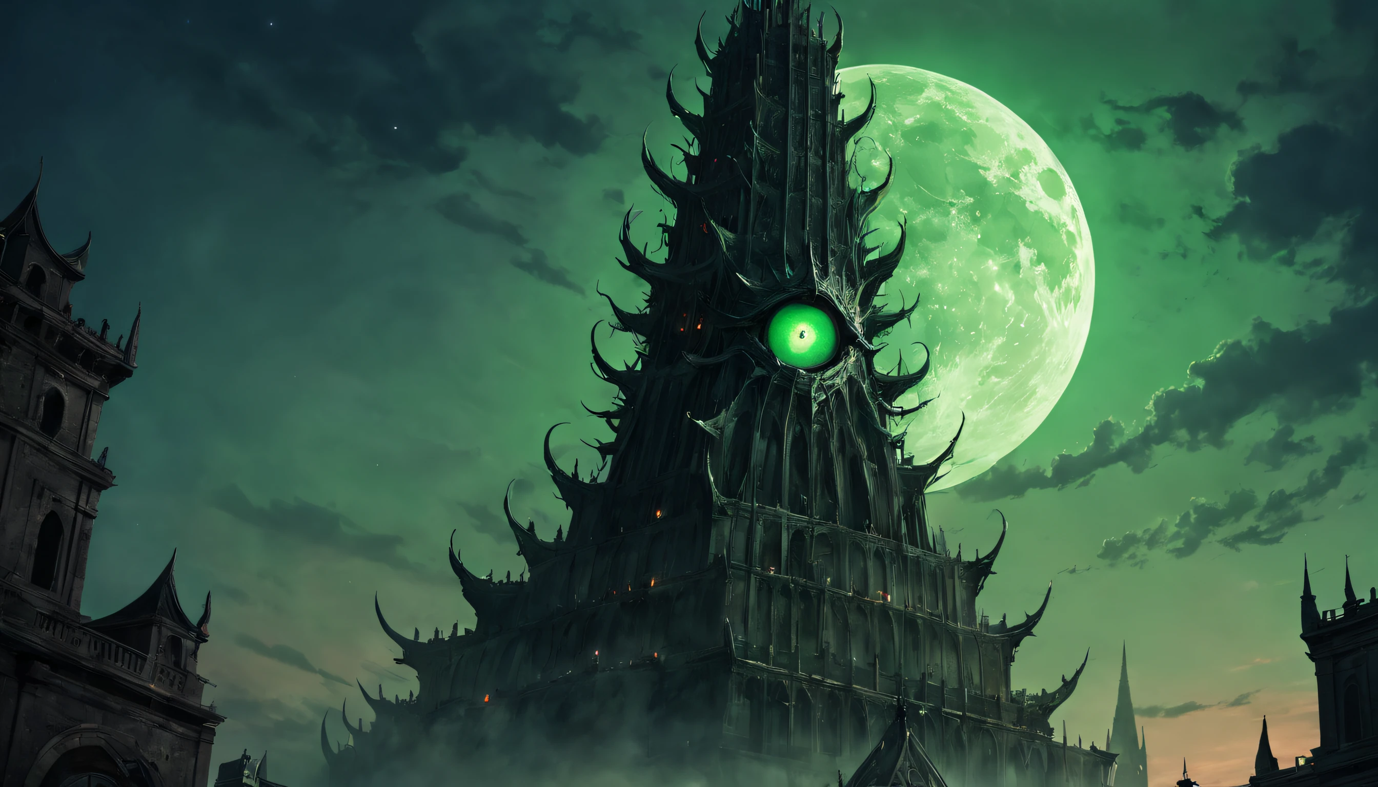 In a twilight sky, the Devil's eye sits atop a colossal tower, its sinister gaze radiating energy waves and its silhouette illuminated by a massive green moon.
