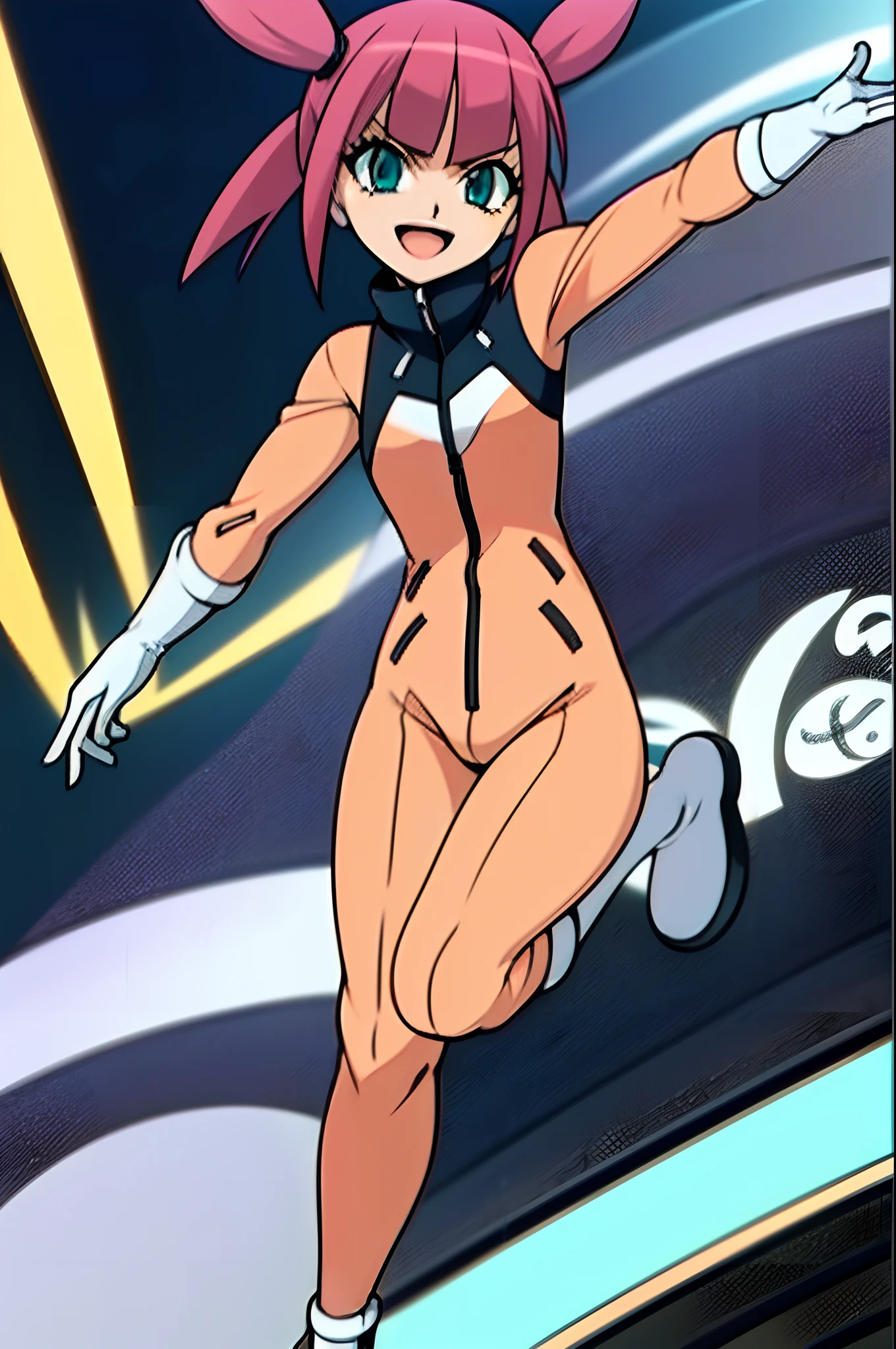 (Complete body, good anatomy, masterpiece, best quality) 1 girl, , slim, solo!!, pink hair, short hair, pink twintails, aqua eyes, orange and grey jacket, white gloves, grey legwears, white platform shoes, happy, futuristic city, night