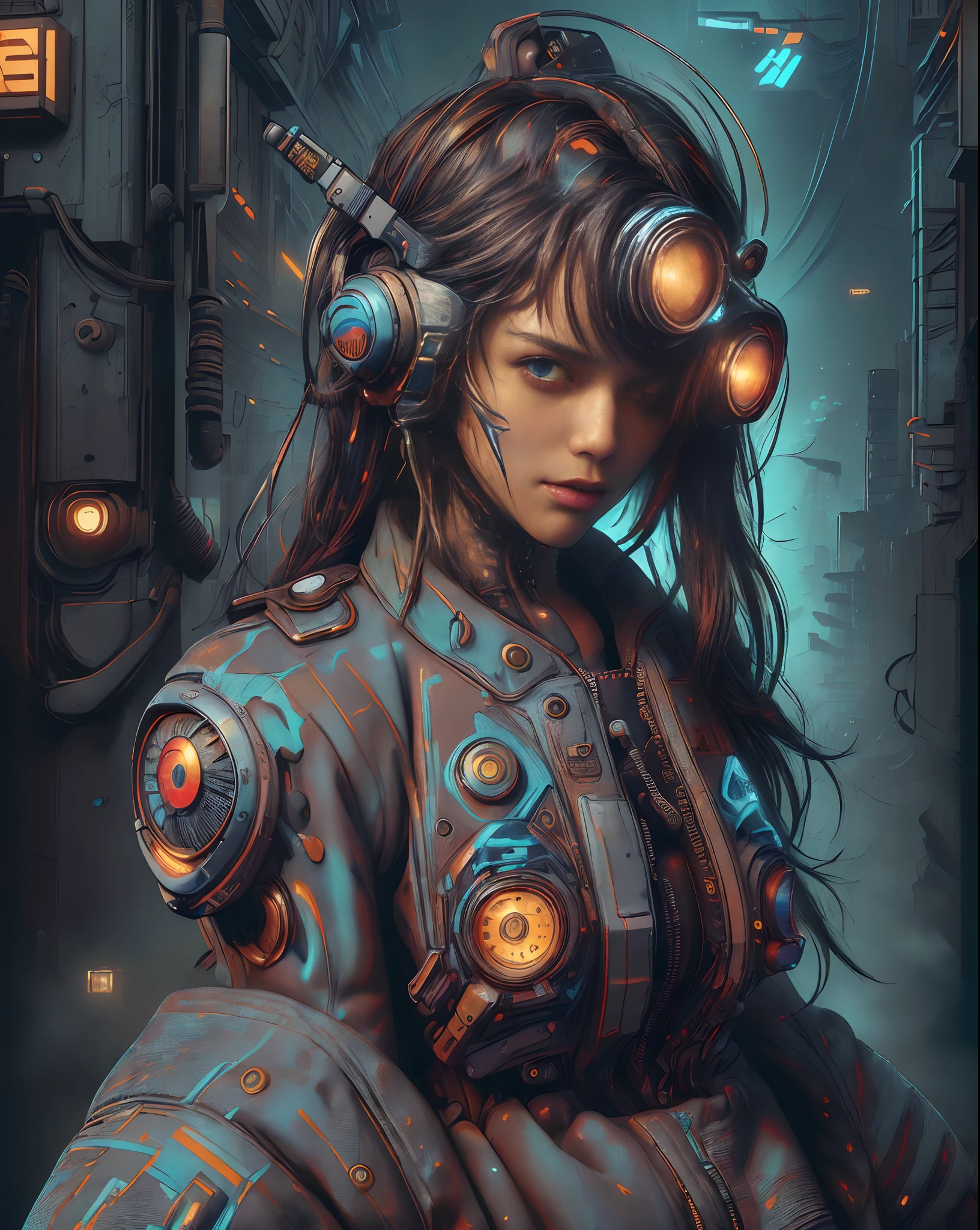 (masterpiece,best quality,ultra detailed,ultra high res,detailed background),((cyberpunk)),((flat color)),((colorful)),(1girl),pilot,pilot helmet,pilot jacket,looking at viewer,solo,upper body,colored background,high contrast,contrasting colors,cowboy shot,