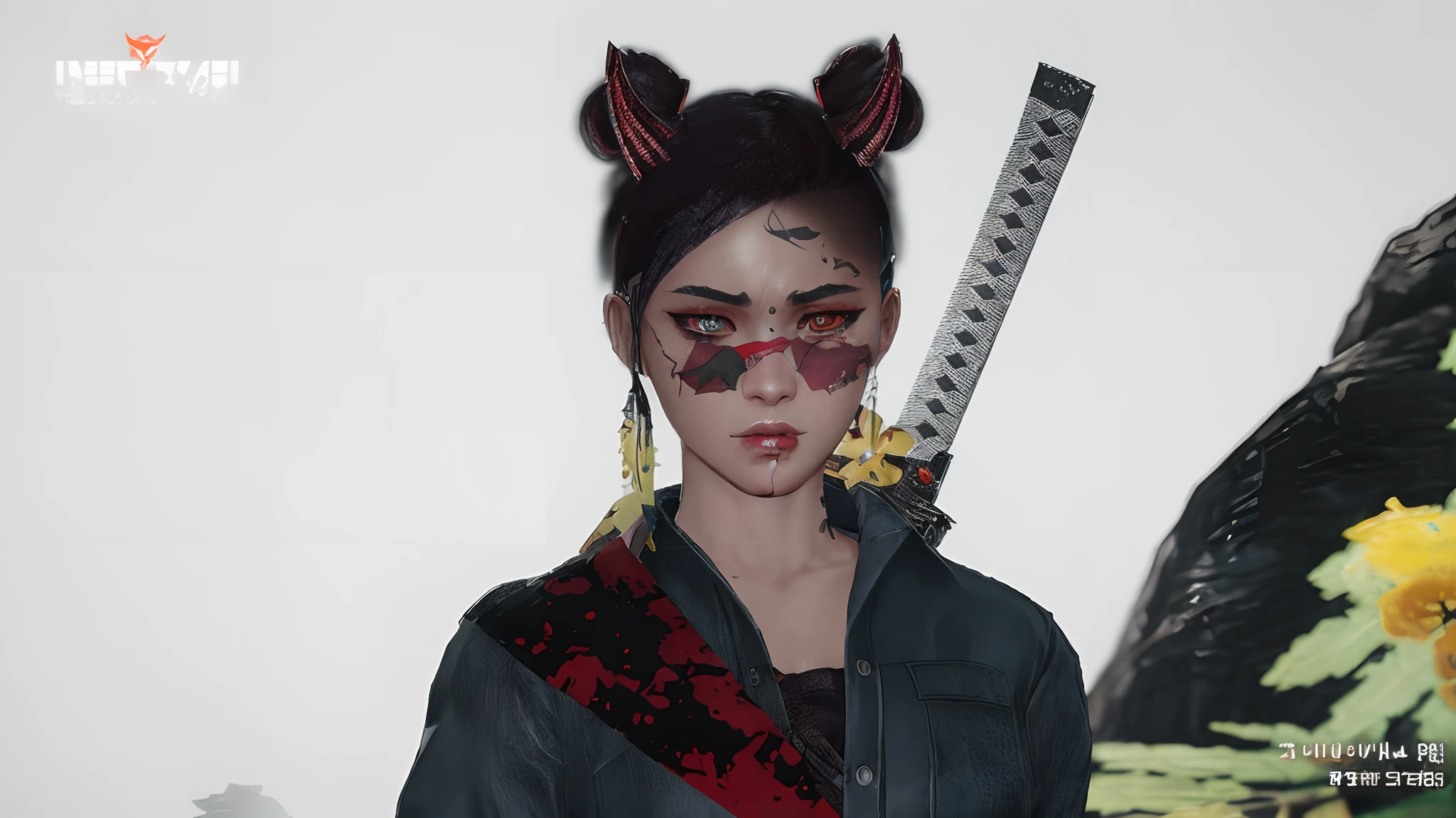 there is a woman with a pair of scissors and a cat ear, katana zero video game character, cyberpunk geisha, inspired by Shukei Sesson, female lead character, unreal 5. rpg portrait, an edgy teen assassin, highly detailed character, female character, ornate korean polearm behind her, close up character, cyberpunk angry gorgeous goddess