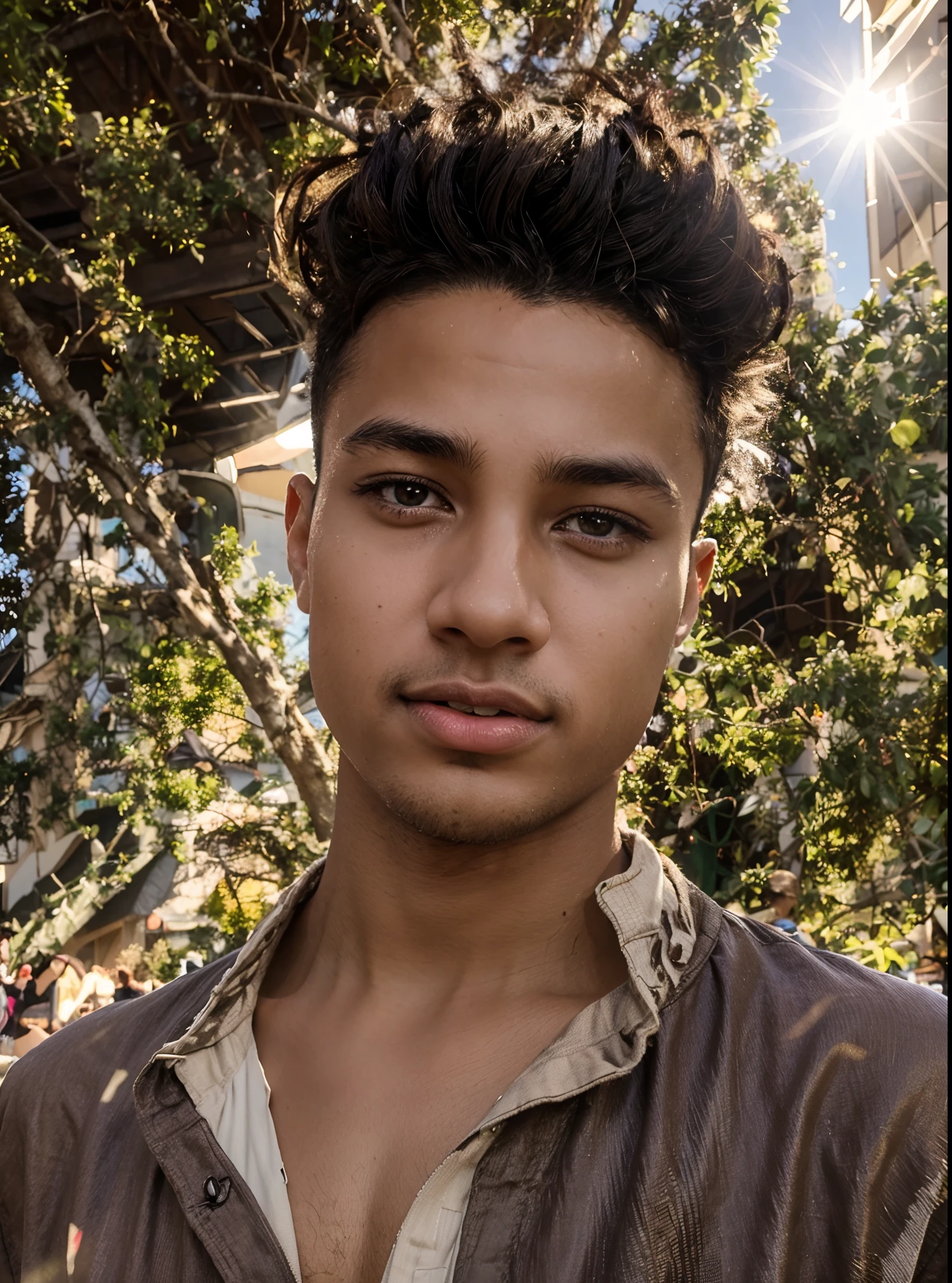 a boy, Italian African Mixed Race, cheveux loks, Transformed into an anime style, with exaggerated unique facial features and clothing, standing on a busy city street, Backlit background highlights the subject, High-contrast colours, 4K High Definition Quality, jeune, souriant, beau