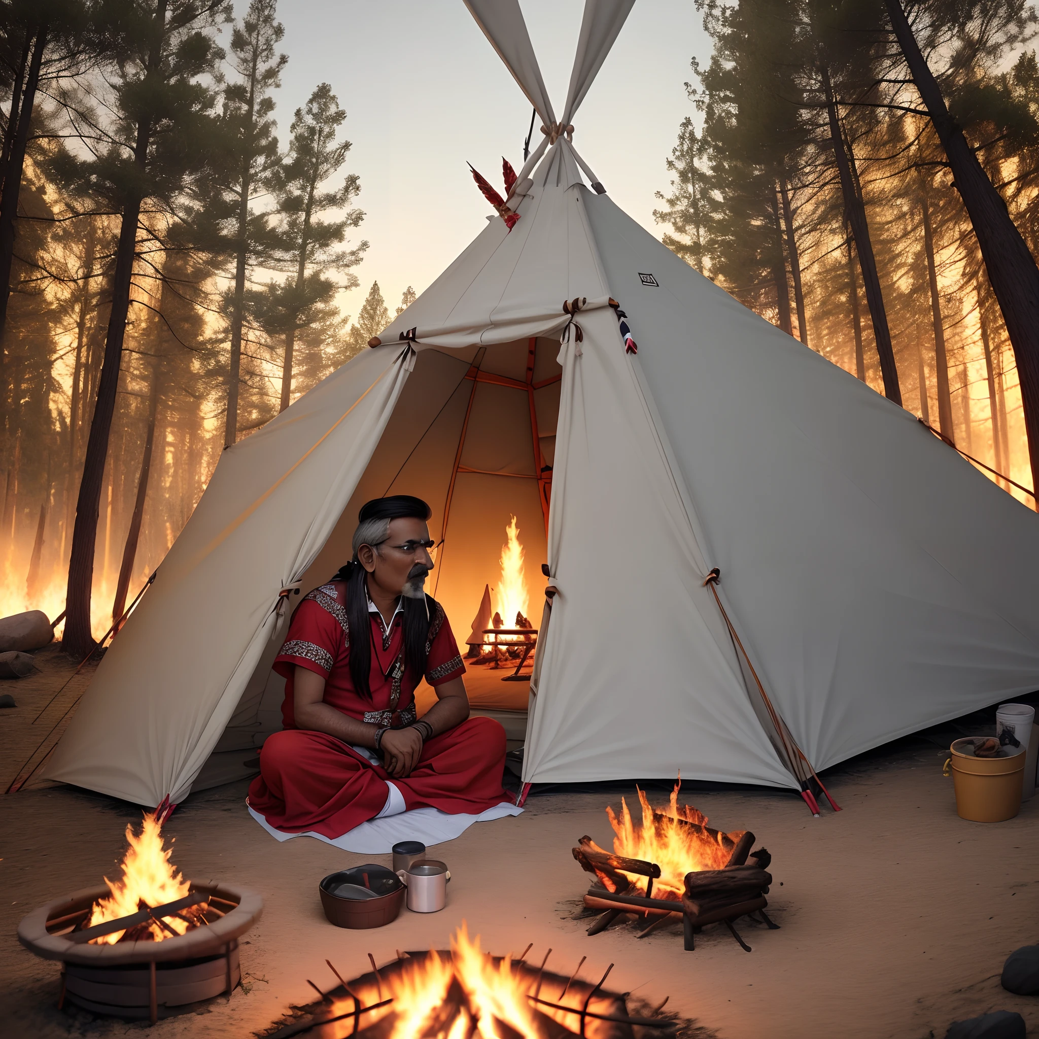 Indian smoke weed in camp fire teepee
