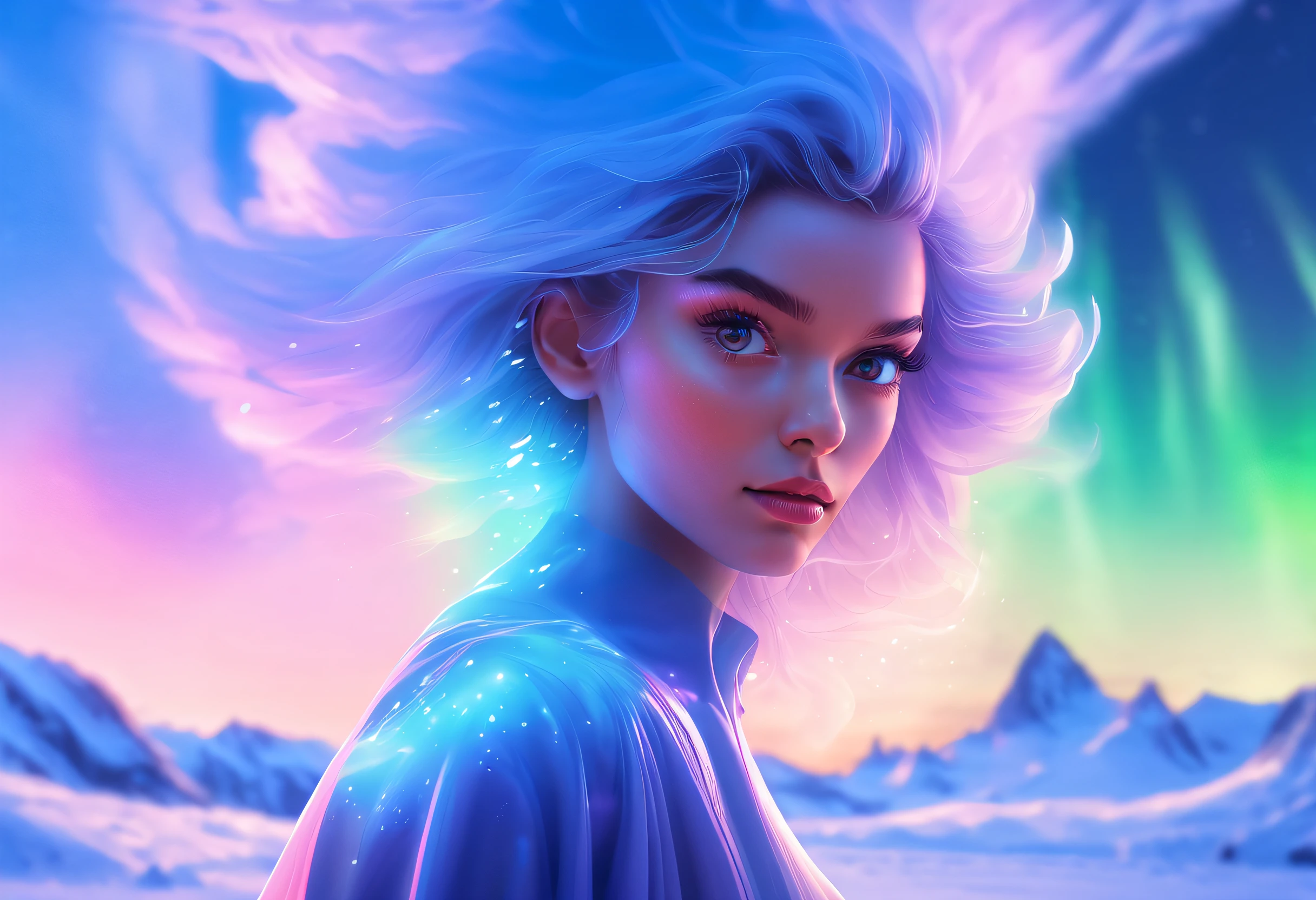 Model shooting style, (extremely detailed 8k cg wallpape),extreme light，1girll，Stand under the iceberg，Admire the beautiful Northern Lights，Personachi Cyberpunk [Snow-capped mountain landscape with fog：Transparent ethereal girl，snow mountains：0.33] Immerse yourself in the beautiful aurora，Live in the clouds of the starry sky，Behind the clouds，（Doubleexposure：1.3），The face blends in with the aurora，Snow-capped mountains are superimposed，Multiple elements blend the image，photography of：Brandon Woelfelmist，Surreal dreams，Gray atmosphere，Rainy days，dyna，lute，hdr，hyperrealistic fantasy art，Epic digital fantasy art style，Beautiful sci-fi art, Science-fi digital art illustration,science fiction digital painting, futuristic digital painting, futuristic concept art, In front of a snow-capped sci-fi mountain landscape, science fiction digital art, Fantastic transparent ethereal girl