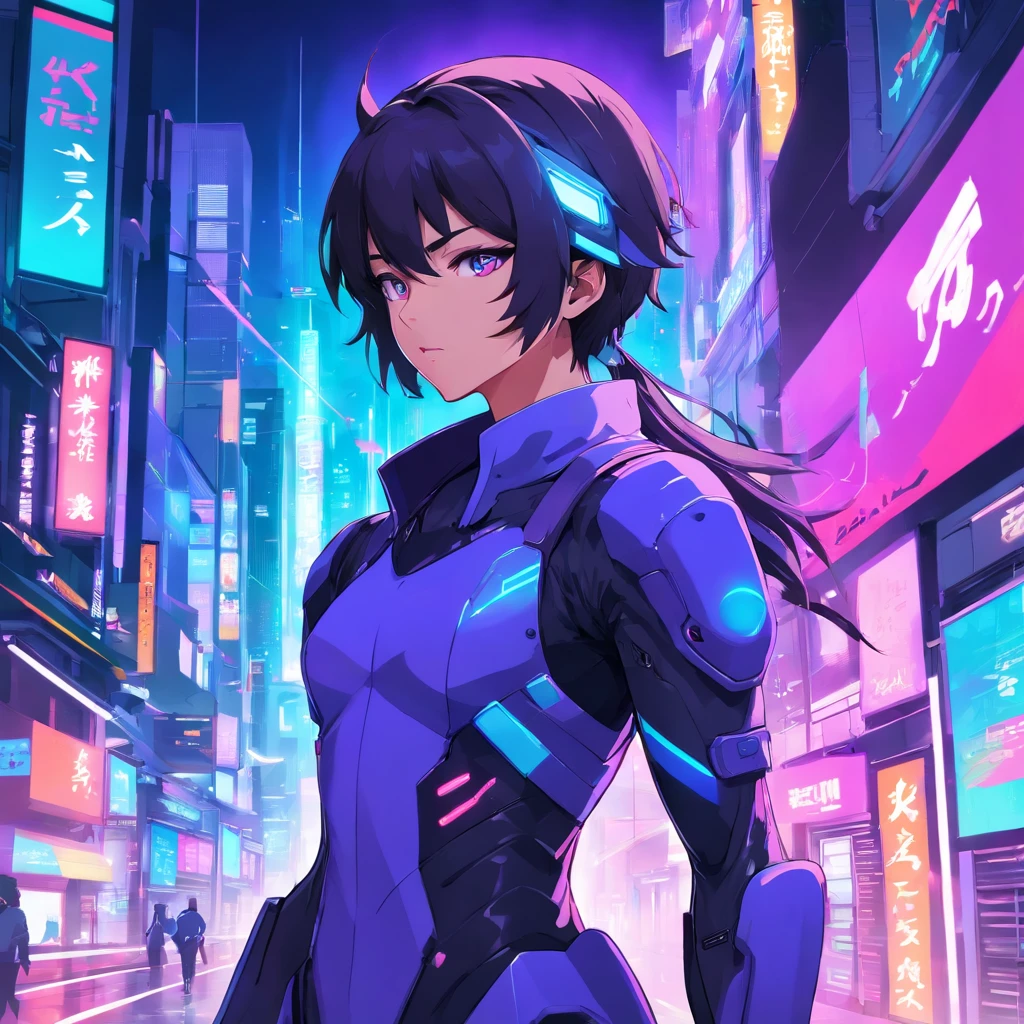 detailed 2d vector anime man cuber ninja, potrait cyber ninja white and purple, futuristic neon cyberpunk suit, using futuristic helmet faceless, with 2 sword on his back, stunning artwork, shimmering shadows, strong colors, cyberpunk concept with neon effect, black hair, green eyes, cyberpunk background with purple and blue lights