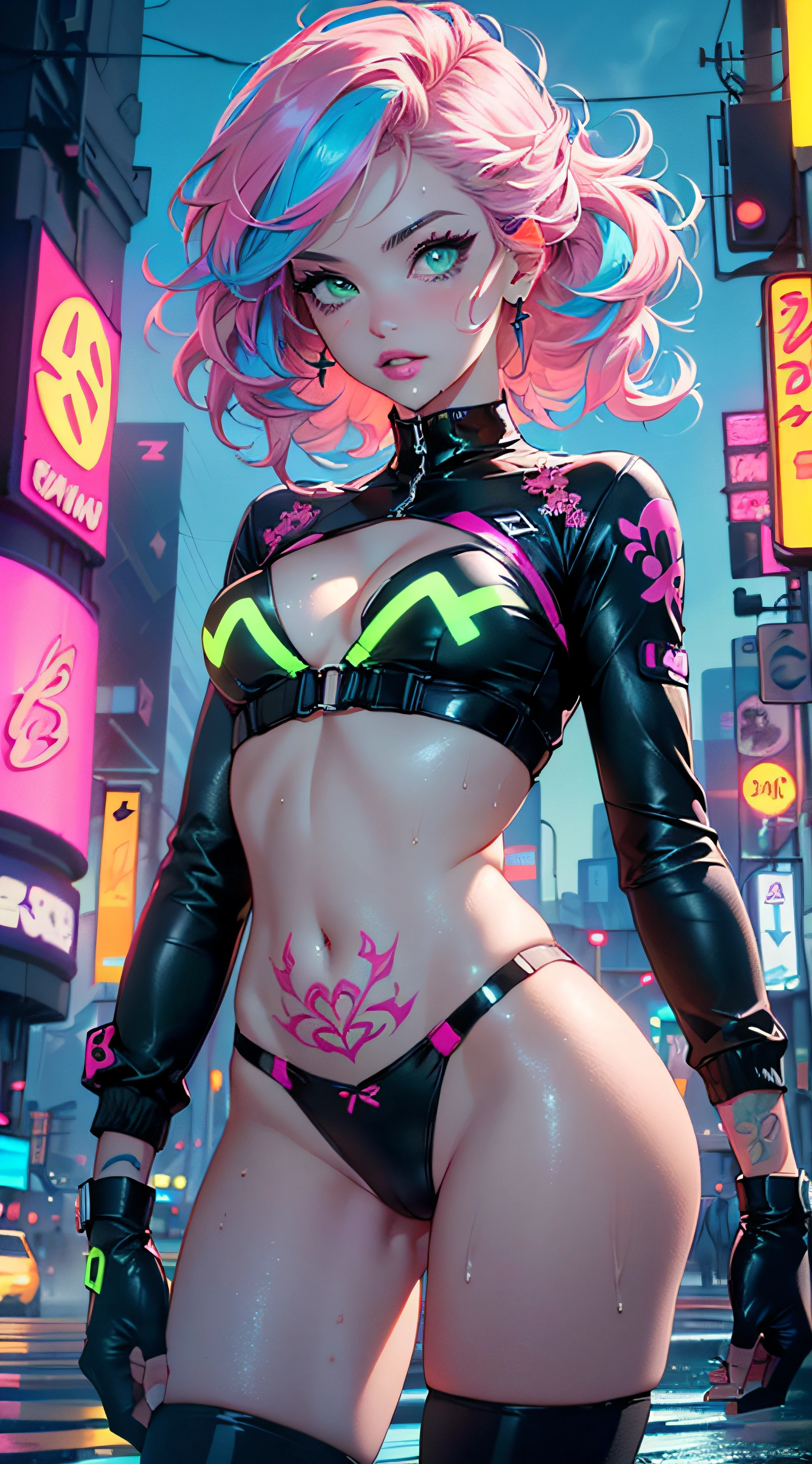 girl rave,(((1girl))),((girl with extremely cute and beautiful pink hair)),((asian features)),

(small breasts:1.4),perky breasts,cleavage,(((neon pink hair:1.35,wild hair,long hair:1.4,colored inner hair,ear breathing))),(((neon_green_eyes:1.3))),intricate eyes,beautiful detailed eyes,symmetrical eyes,slanted eyes:15,((fat)),((((lustrous skin:1.5,bright skin: 1.5,shiny skin,very shiny skin,shiny body,plastic glitter skin,exaggerated shiny skin,illuminated skin, wet legs))),(spider lower abdomen,narrow waist,wide hip,athletic body,inflated legs,detailed body,(detailed face)),

cute,slutty,seductive,erotic,(((nsfw))),

zettai ryouiki,revealing clothing,show skin,((rave shirt with an neon colors print,rave mini-short,visible thong straps)),(rave outfit:1.3,rave clothes,semi-naked,with little clothing),((neon tattoos:1.3)),((wet clothes,intricate outfit,intricate clothes)),

(dynamic pose:1.0),solo focus,embarrassed,(centered,scale to fit dimensions,Rule of thirds),

cyberpunk city by the ocean at night, with bright neon signs and dark stormy clouds and puddles, scenery:1.25,

artistic photography,(photography taken by sldr),highres, sharp focus, (ultra detailed, extremely detailed), (photorealistic artwork:1.37),(extremely detailed CG unity 8k wallpaper),((synthwave background theme)),(((vibrant colors))),(intricate background),(masterpiece),(best quality),