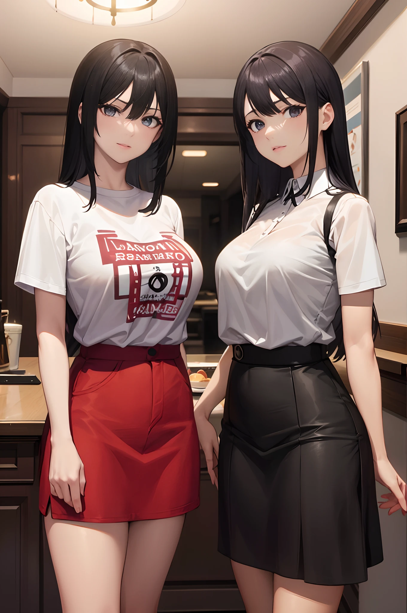 Two woman in skirts and t-shirts looking at viewer standing, tall, slim, beautiful, 8k, ((masterpiece)),((expressive eyes))