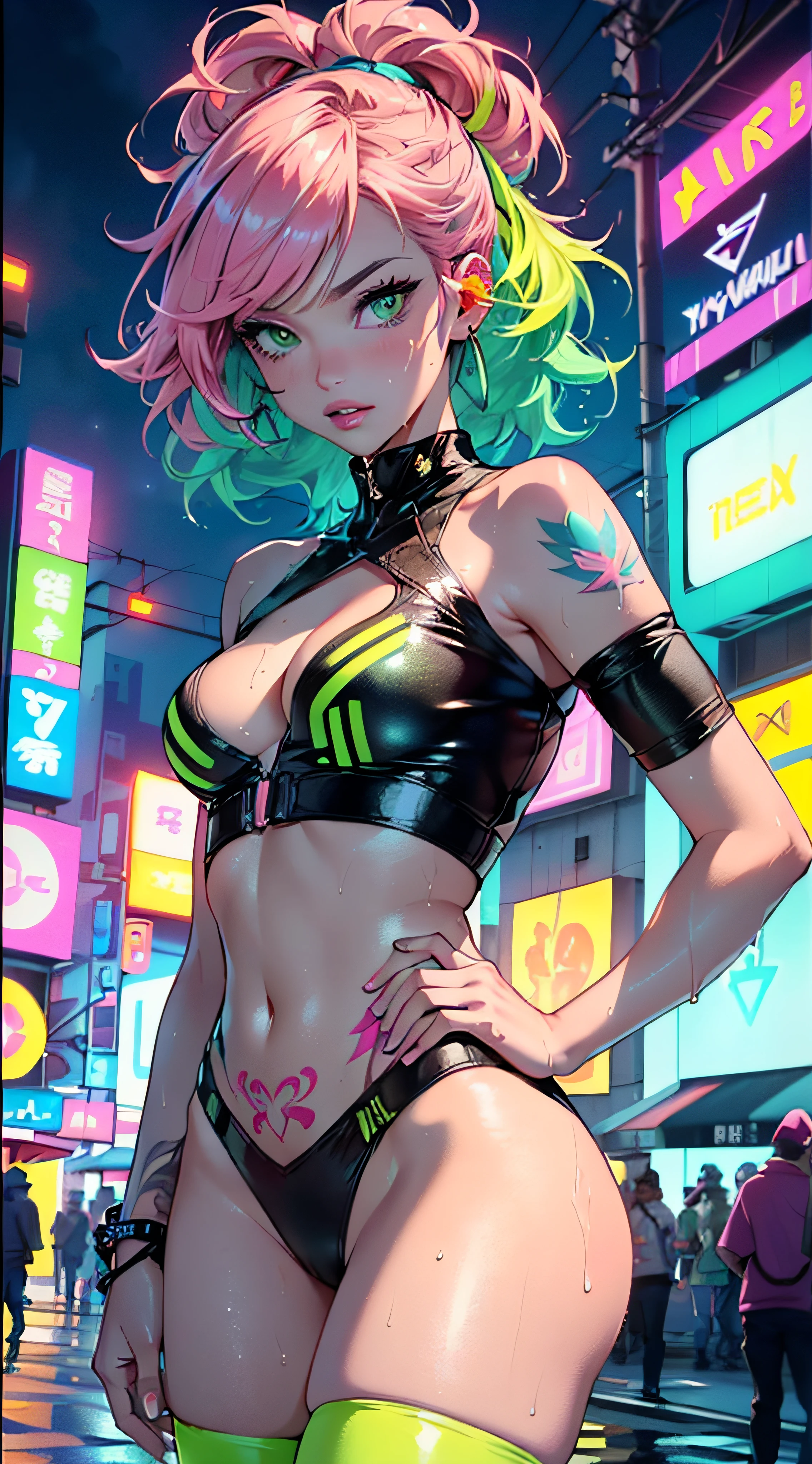 girl rave,(((1girl))),((girl with extremely cute and beautiful pink hair)),((asian features)),

(small breasts:1.4),perky breasts,cleavage,(((neon pink hair:1.35,wild hair,long hair:1.4,colored inner hair,ear breathing))),(((neon_green_eyes:1.3))),intricate eyes,beautiful detailed eyes,symmetrical eyes,slanted eyes:15,((fat)),((((lustrous skin:1.5,bright skin: 1.5,shiny skin,very shiny skin,shiny body,plastic glitter skin,exaggerated shiny skin,illuminated skin, wet legs))),(spider lower abdomen,narrow waist,wide hip,athletic body,inflated legs,detailed body,(detailed face)),

cute,slutty,seductive,erotic,(((nsfw))),

zettai ryouiki,revealing clothing,show skin,((rave shirt with an neon colors print,rave mini-short,visible thong straps)),(rave outfit:1.3,rave clothes,semi-naked,with little clothing),((neon tattoos:1.3)),((wet clothes,intricate outfit,intricate clothes)),

(dynamic pose:1.0),solo focus,embarrassed,(centered,scale to fit dimensions,Rule of thirds),

cyberpunk city by the ocean at night, with bright neon signs and dark stormy clouds and puddles, scenery:1.25,

artistic photography,(photography taken by sldr),highres, sharp focus, (ultra detailed, extremely detailed), (photorealistic artwork:1.37),(extremely detailed CG unity 8k wallpaper),((synthwave background theme)),(((vibrant colors))),(intricate background),(masterpiece),(best quality),