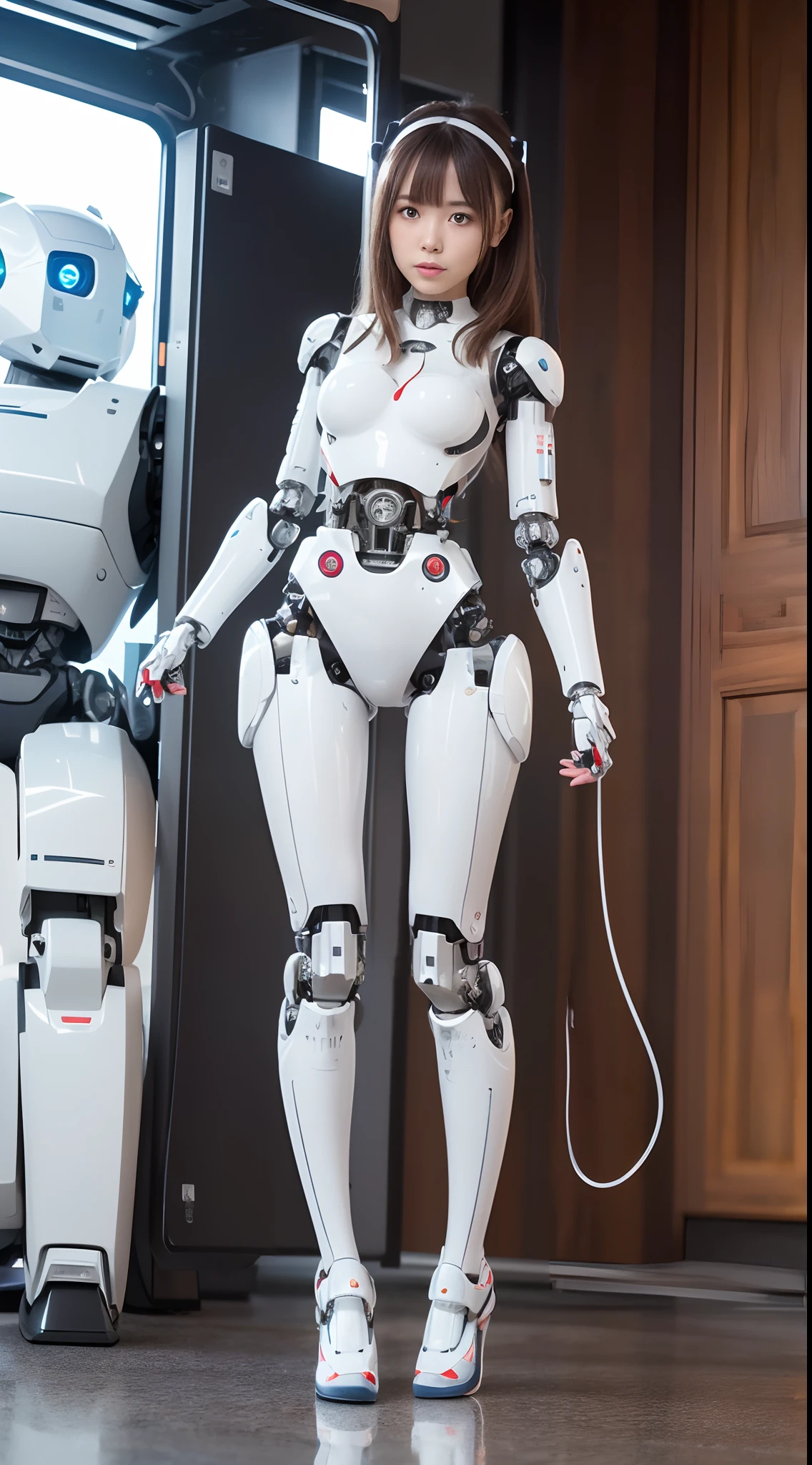 ((Robot Girl, mechs)), Glowing eyes, Delicate face, broken armor, Mechanical aura, Mechanical arm, mechanical legs, Brown hair, Long hair, ceramic body, Thigh gap, tiny chest, cyber background, akihabara, (translucent, reflection skin), 8K, Best Quality, Ultra-detailed, (surrealism: 1.4),(Perfect Robot Girl),(Perfect machine body)