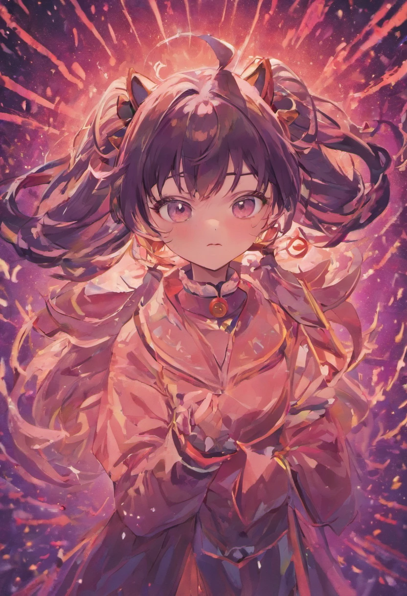 beautiful girl, black hair, hair bobbles, wince, longeyelashes, solid circle eyes, fake animal ears, light smile, ear blush, fang, anime, Surrealism, drop shadow, anaglyph, stereogram, tachi-e, pov, atmospheric perspective, 8k, super detail, ccurate, best quality