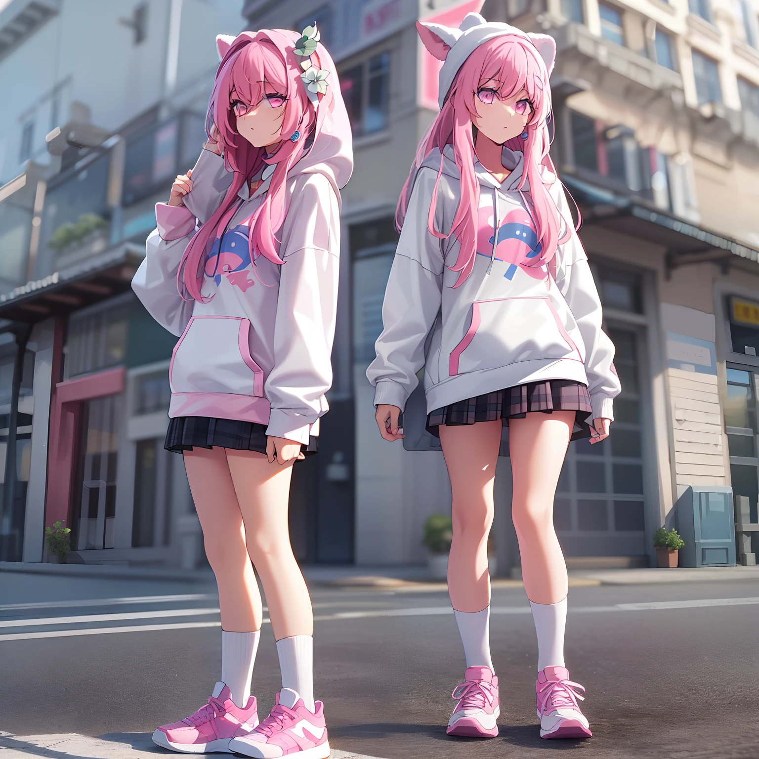 Realistic , 3d , high detailed、女の子1人、full body Esbian、show the grinps、{hairstyle on：（Pink hair)、(Longhaire),(Twin-taied }、Pink eyes、pink hoodie、Four-leaf earrings、white miniskirt、White High Socks、to stand、Pink sneakers、Front composition, in the city