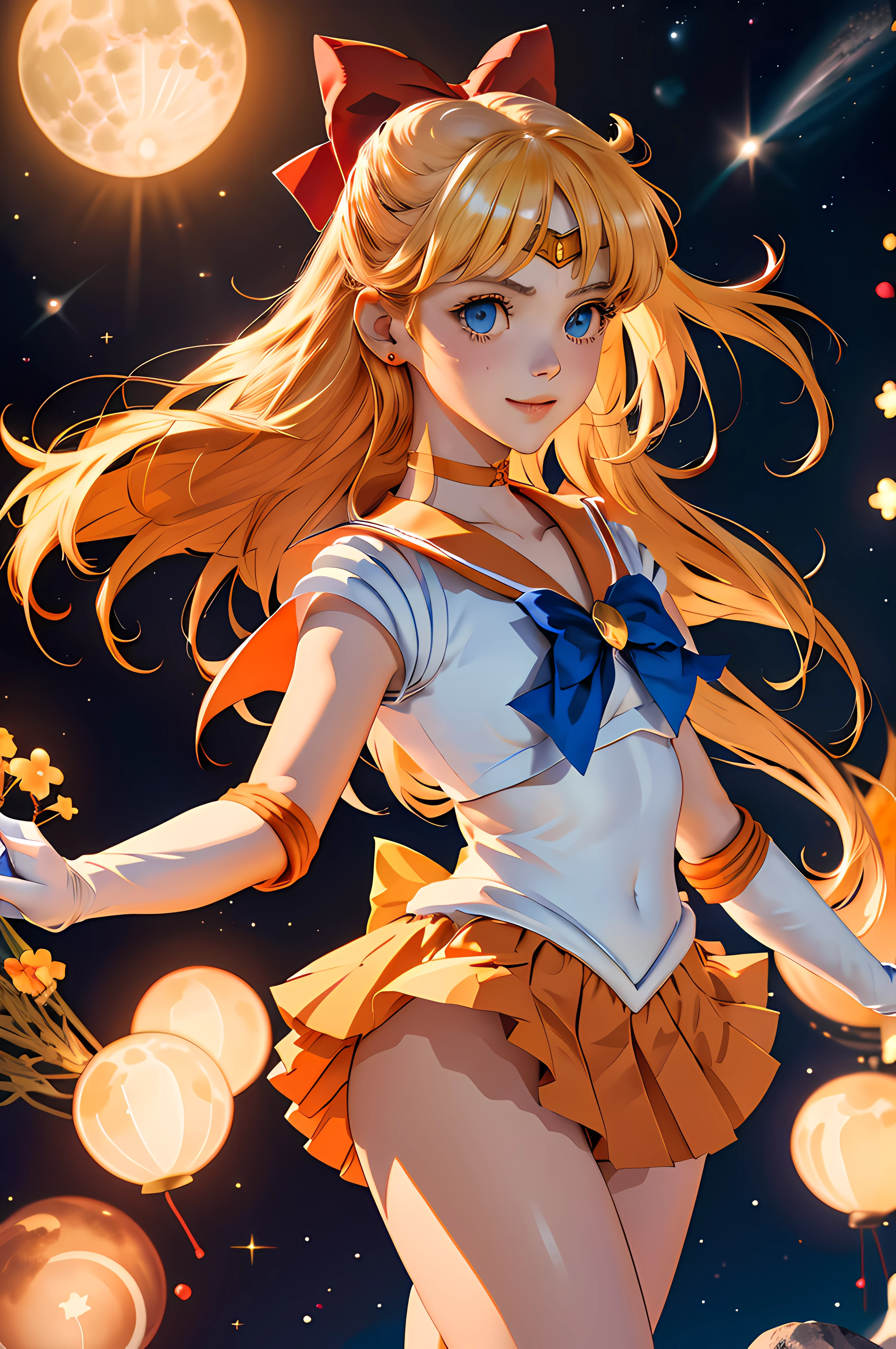 masterpiece, best quality, highres, sv1, sailor senshi uniform, orange skirt, elbow gloves, tiara, pleated skirt, miniskirt, red bow, orange choker, white gloves, jewelry, starry sky, badass pose, slight smile, portrait, floating, moon, upper body