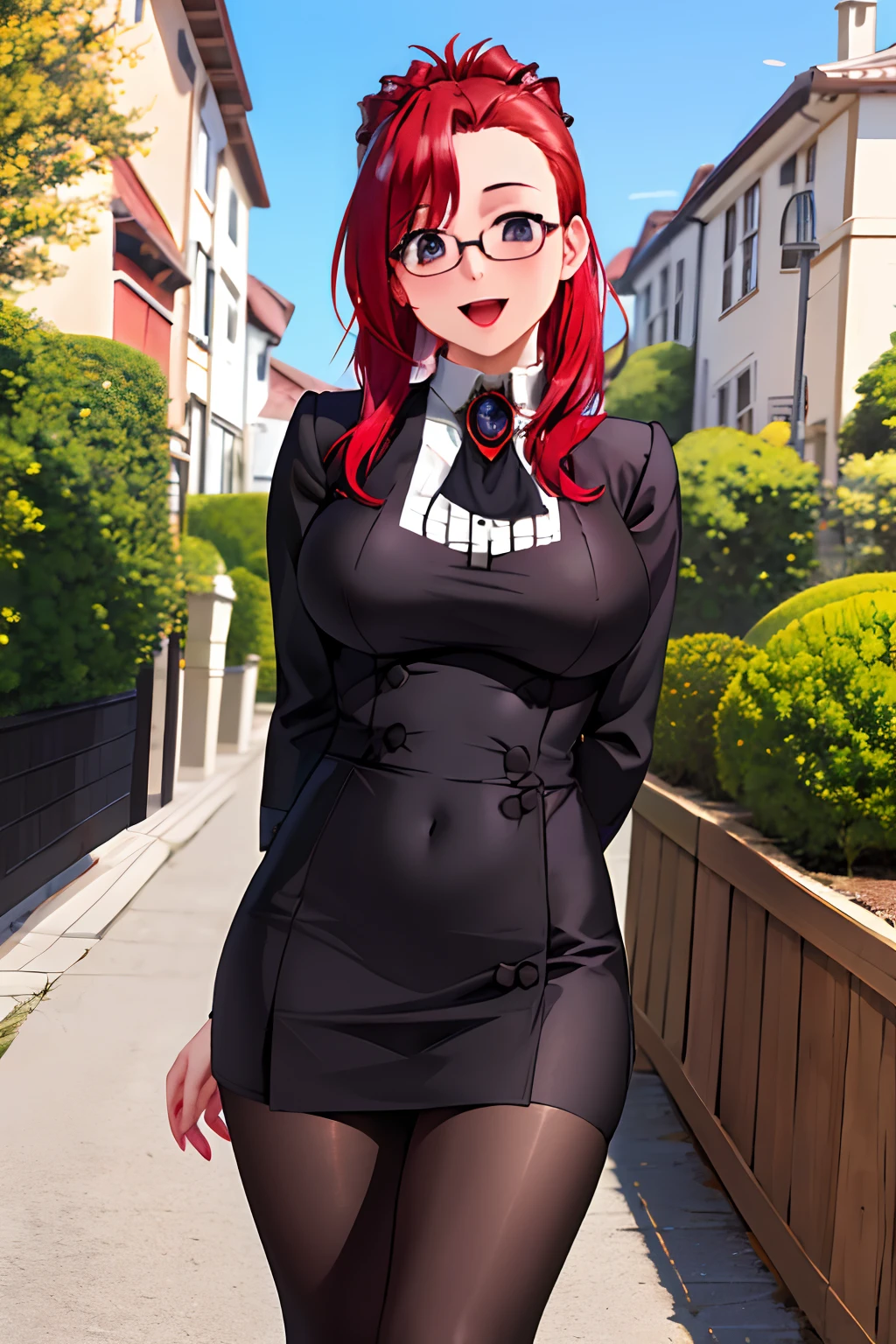 masterpiece, best quality, highres, km1, 1girl, red hair, sidelocks, brooch, jewelry, ascot, big boobs, miniskirt, black_skirt, long sleeves, glasses, outdoors, graden, arms behind back, smile, open mouth, pantyhose