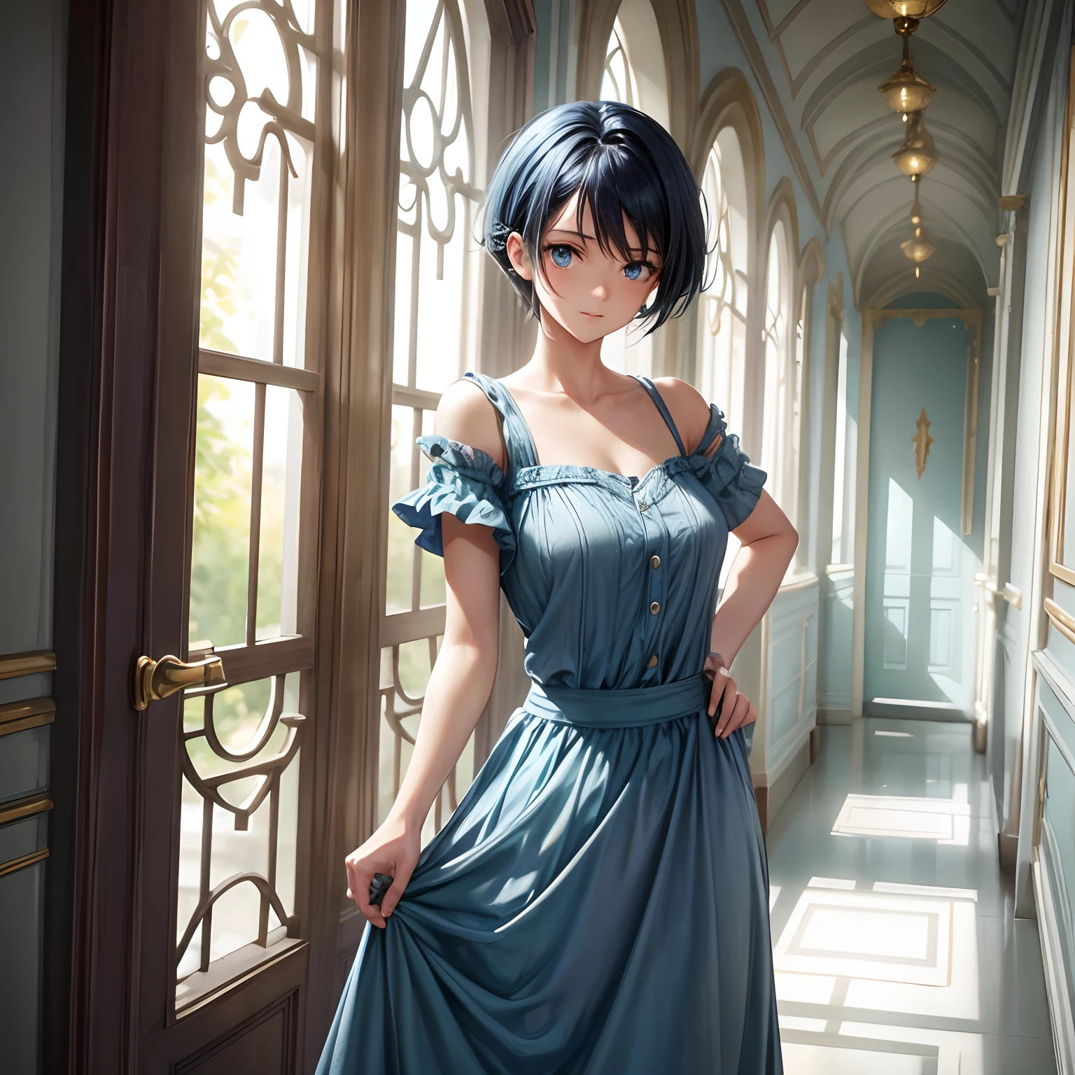 Slave 1girl, Topaz, short dark blue hair, light blue eyes, short, timid, very fast runner, often nervous in tight situations but has enough head on her shoulders to endure whatever she faces, petite, casual clothes, 1girl, standing in a mansion hallway, housekeeper clothes, hands behind her back, slight nervous smile, simple blue knee-length dress, hands behind her back, leaning forward slightly