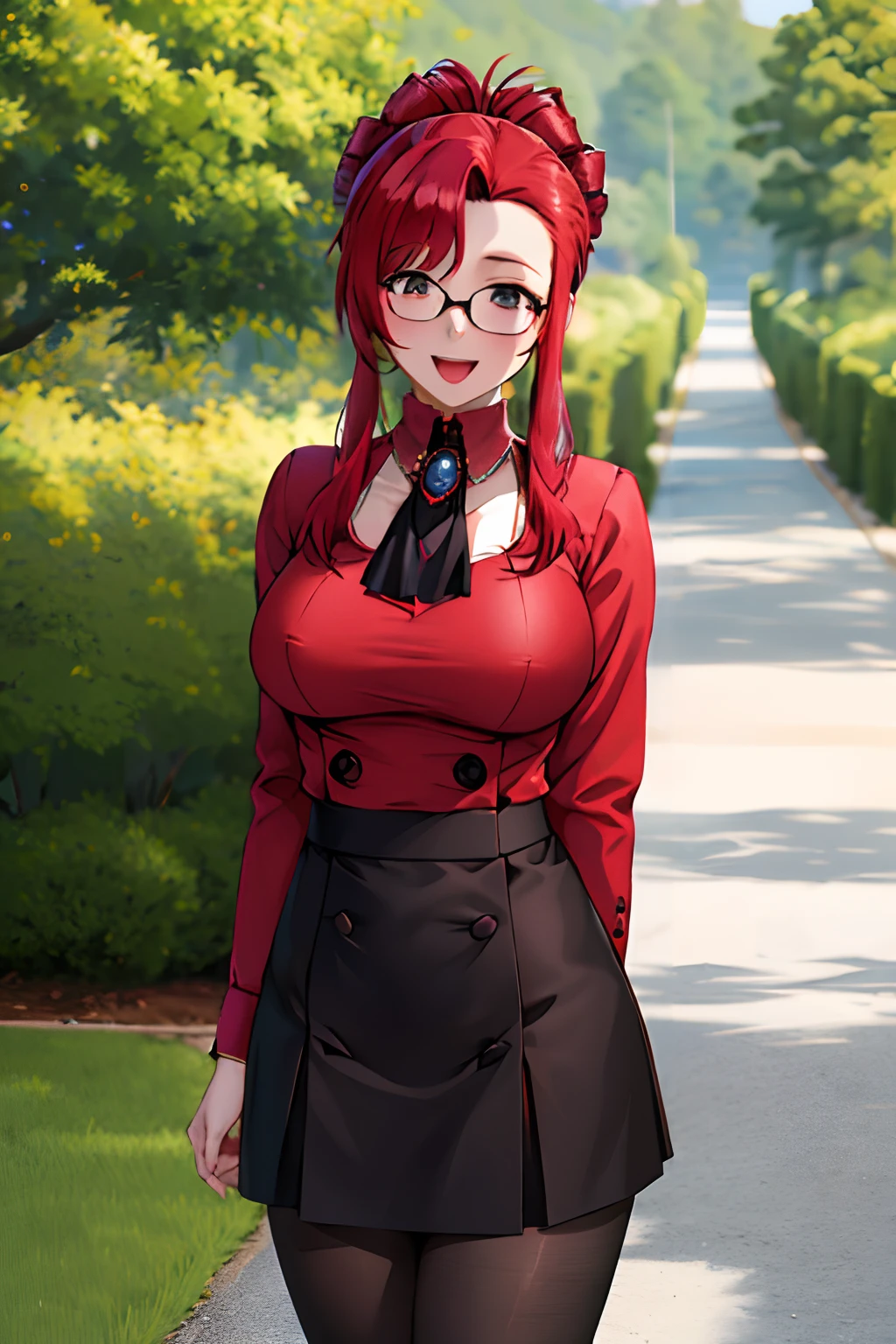 masterpiece, best quality, highres, km1, 1girl, red hair, sidelocks, brooch, jewelry, ascot, big boobs, miniskirt, black_skirt, long sleeves, glasses, outdoors, graden, arms behind back, smile, open mouth, pantyhose