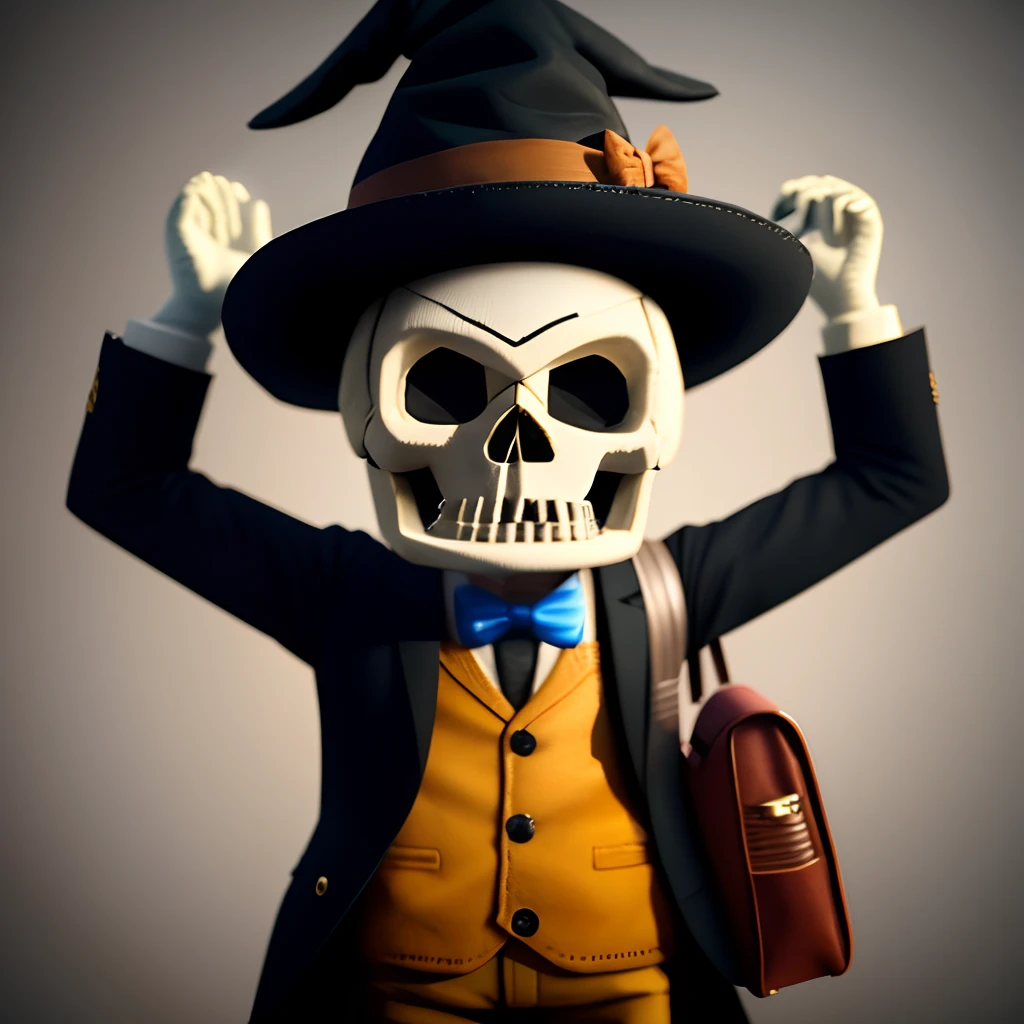 Animatronic white scarecrow with white skull bag head wearing brown witch hat in the art style of five nights at Freddy’s 3D graphics