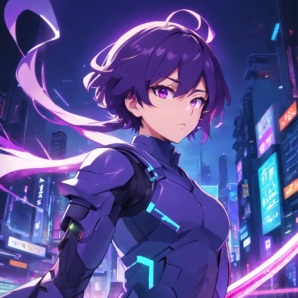 detailed 2d vector anime (cyber ninja (male)), potrait cyber ninja white and purple, futuristic neon cyberpunk suit, using futuristic helmet faceless, (weapon) 2 sword on his back, stunning artwork, shimmering shadows, strong colors, cyberpunk concept with neon effect, black hair, green eyes, cyberpunk background with purple and blue lights
