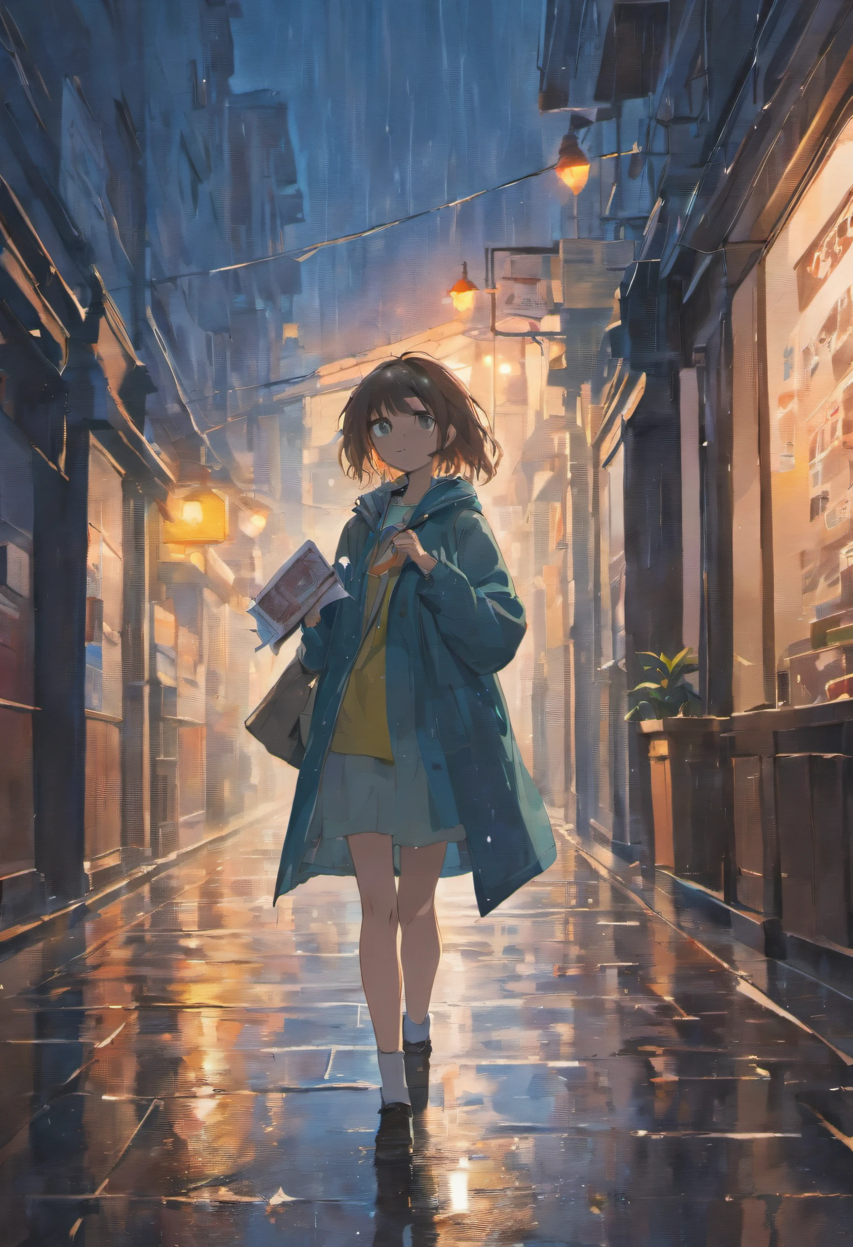 (dark rainy day, rain-soaked streets, scattered papers, reaching hands, hopeful gesture,infinite light:1.2),paper texture, gloomy atmosphere, wet pavements, rainy reflections, subtle shadows, dramatic lighting, life-like details, emotional expression, delicate fingers, transparent raindrops, vibrant colors, textured background