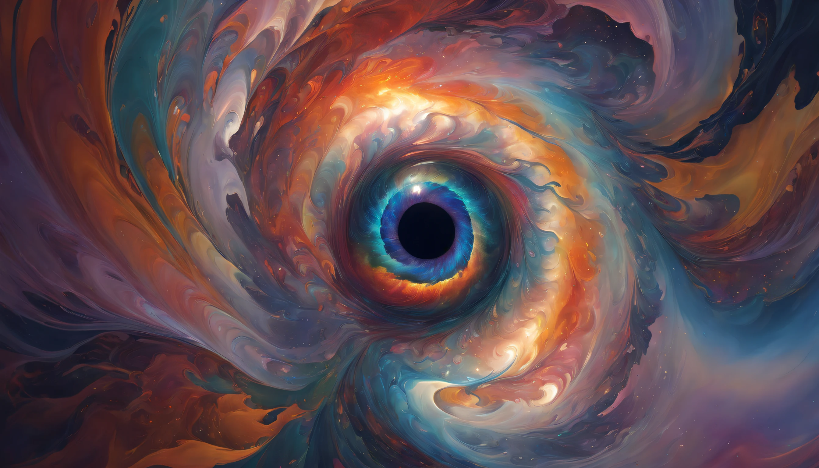 ASCIIDevil's Eye engulfed in a mesmerizing swirl of colors and reflections, illuminating a surreal landscape beneath it.