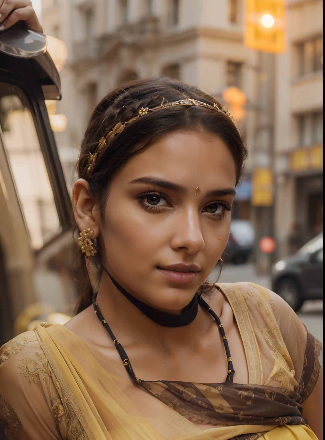 photography of a stunning girl with extreme detailed face and facial-symmetry, in the city, wearing a yellow saree, enjoying, girl, summer, hot girl, (((very heavy bust))), brunette hair, long_hair, looks into the camera, symmetrical face, photorealistic, photography, spectacular lighting,, gorgeous, cleavage, western, (masterpice), best quality, high resolution, extremely detailed, skin with pores, blurred background, depth of field, cinematic lighting