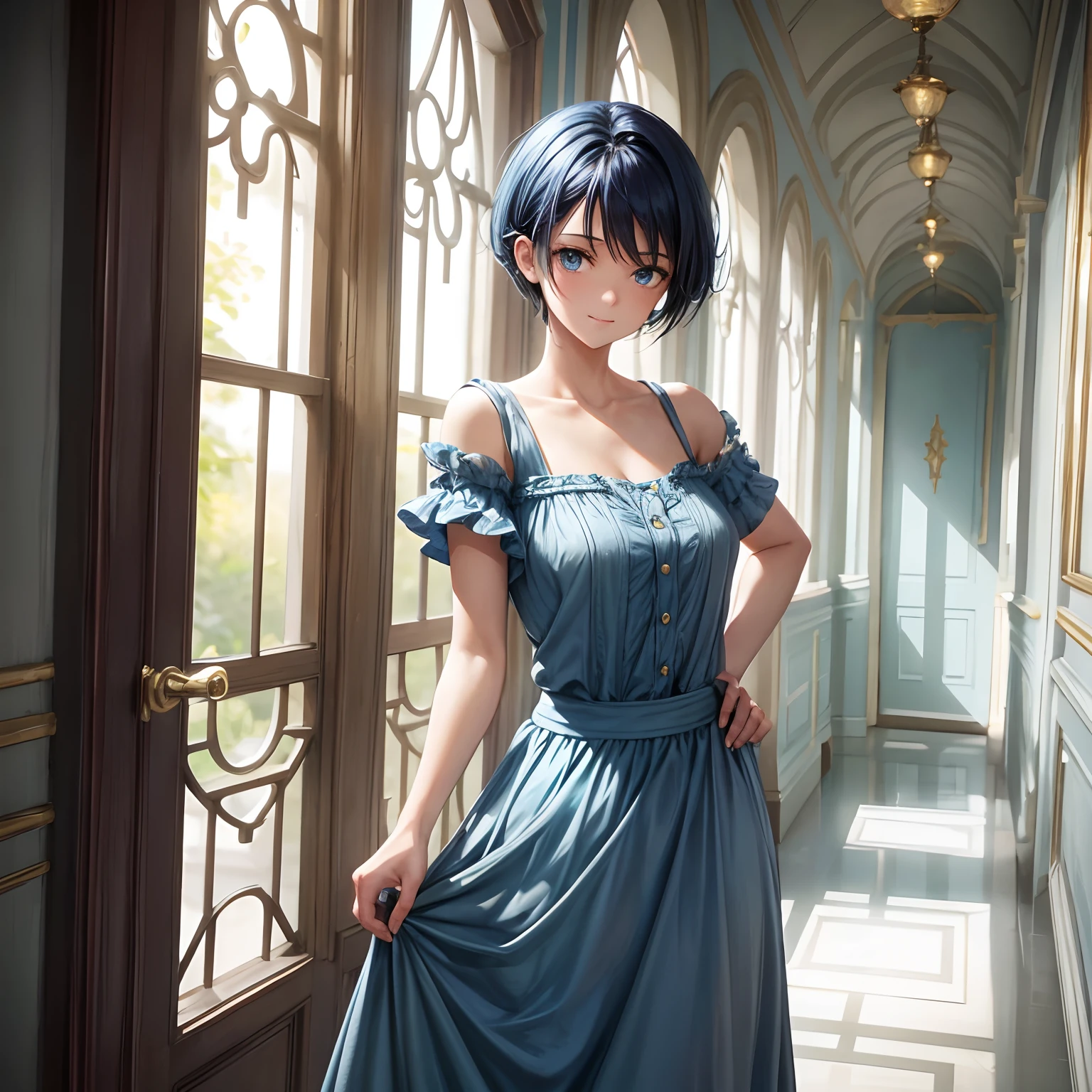 Slave 1girl, Topaz, short dark blue hair, light blue eyes, short, timid, very fast runner, often nervous in tight situations but has enough head on her shoulders to endure whatever she faces, petite, casual clothes, 1girl, standing in a mansion hallway, housekeeper clothes, hands behind her back, nervous smile, simple blue knee-length dress, hands behind her back, leaning forward slightly