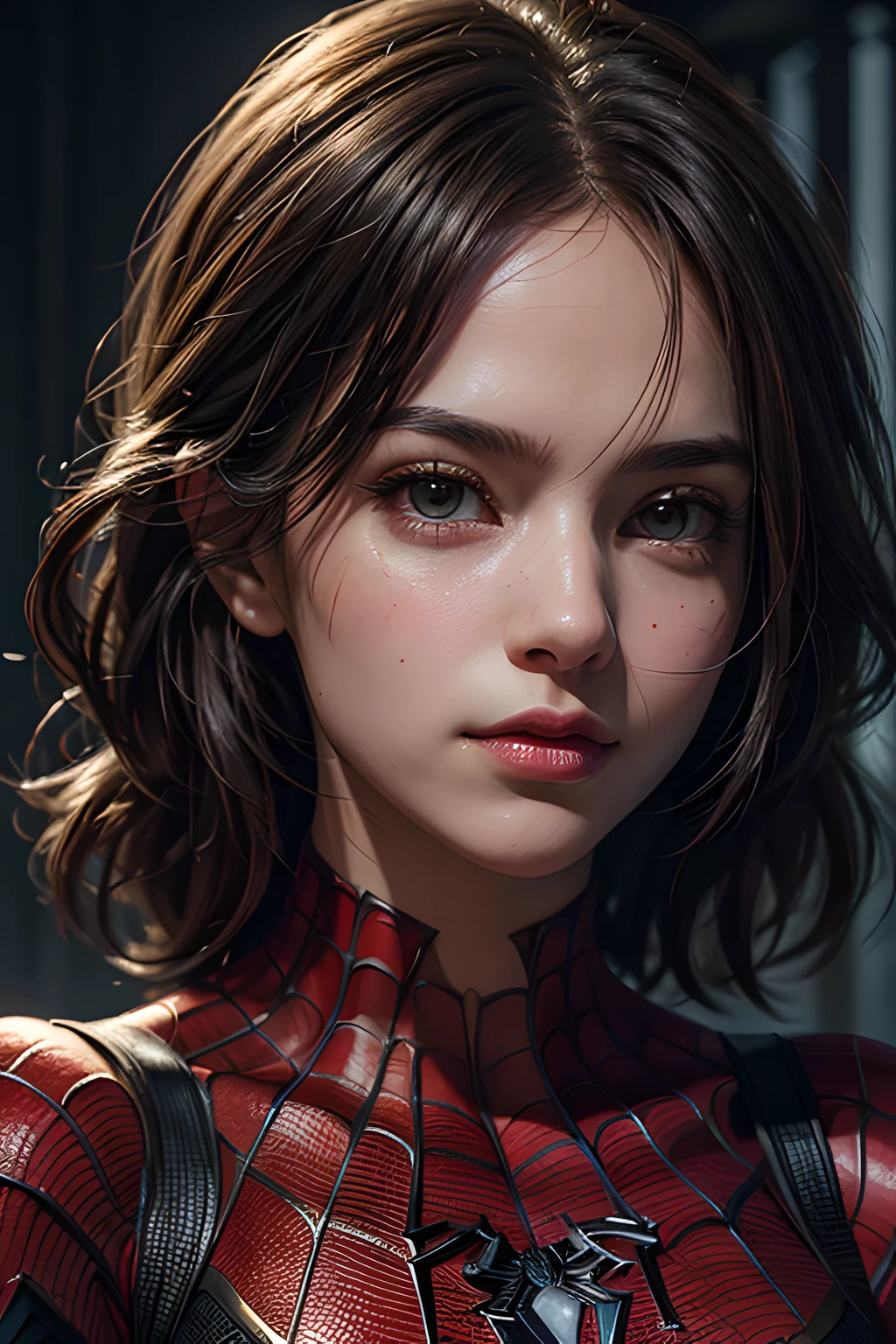 Closeup photo portrait of female Spiderman, atmospheric scene, masterpiece, best quality, (detailed beautiful face, detail skin texture, ultra-detailed body:1.1),