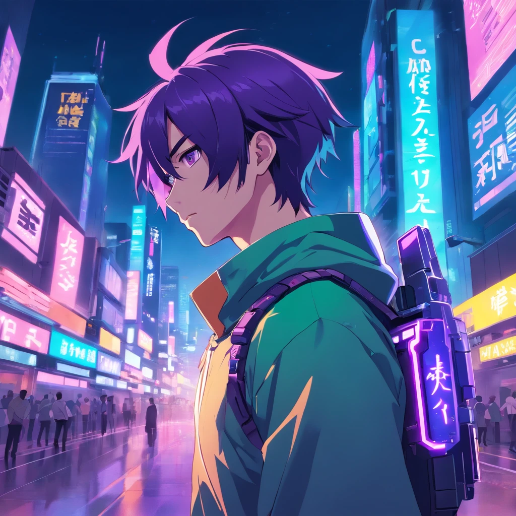 imagine (male) cyber samurai, detailed 2d vector anime, potrait cyber ninja white and purple, futuristic neon cyberpunk suit, using futuristic helmet faceless, (weapon) 2 sword on his back, stunning artwork, shimmering shadows, strong colors, cyberpunk concept with neon effect, black hair, green eyes, cyberpunk background with purple and blue lights