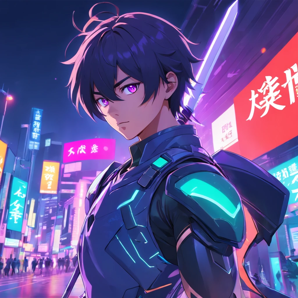 imagine (male) cyber samurai, detailed 2d vector anime, potrait cyber ninja white and purple, futuristic neon cyberpunk suit, using futuristic helmet faceless, (weapon) 2 sword on his back, stunning artwork, shimmering shadows, strong colors, cyberpunk concept with neon effect, black hair, green eyes, cyberpunk background with purple and blue lights