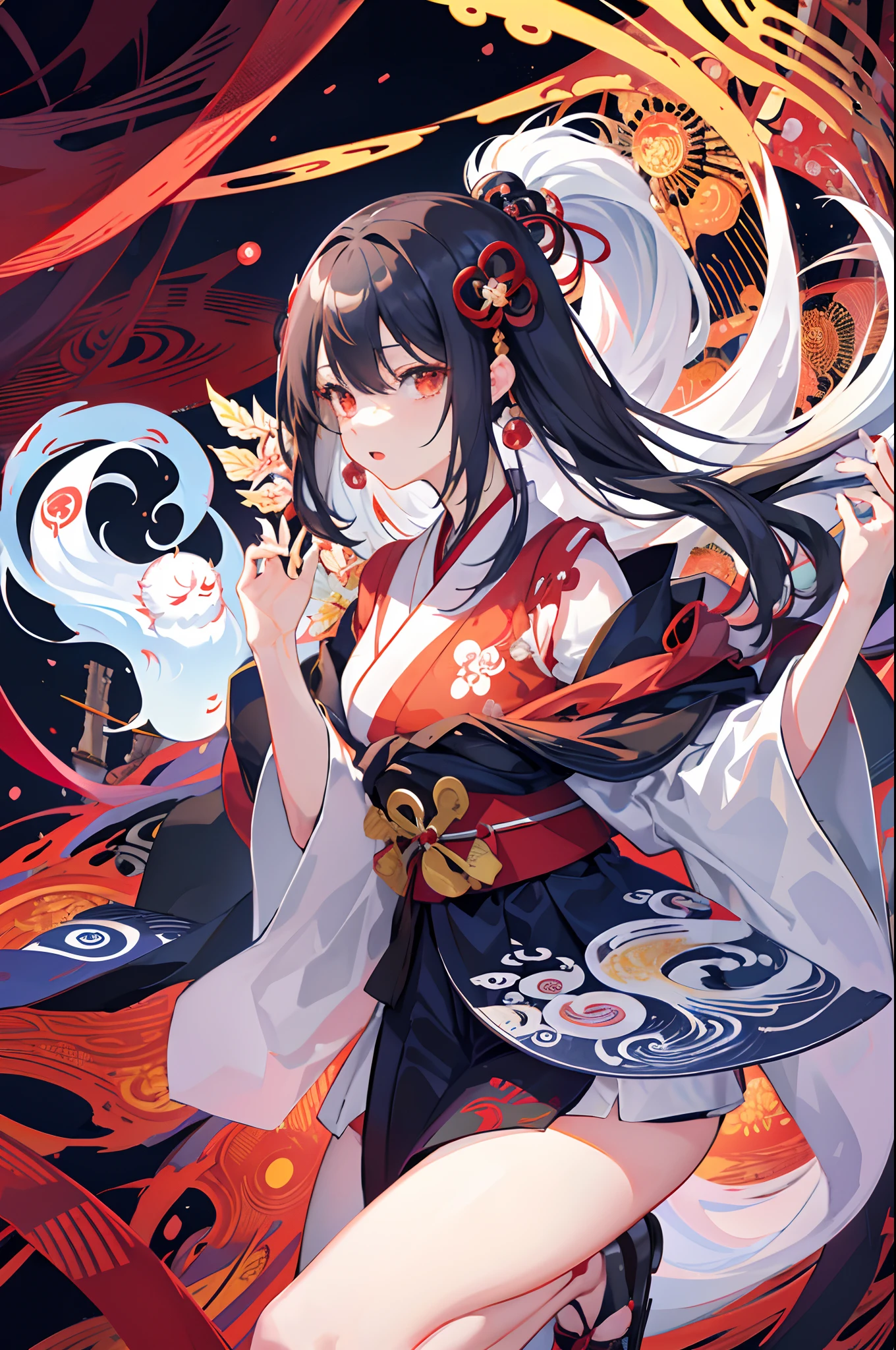 masutepiece, of the highest quality, Best Quality, official arts, Beautiful and aesthetic:1.2), (1girl in:1.3), (s fractal art:1.3),bill、Ghost Fire、Hakama、youkai、Daoism、Yin Yang Dao、astrology、curse