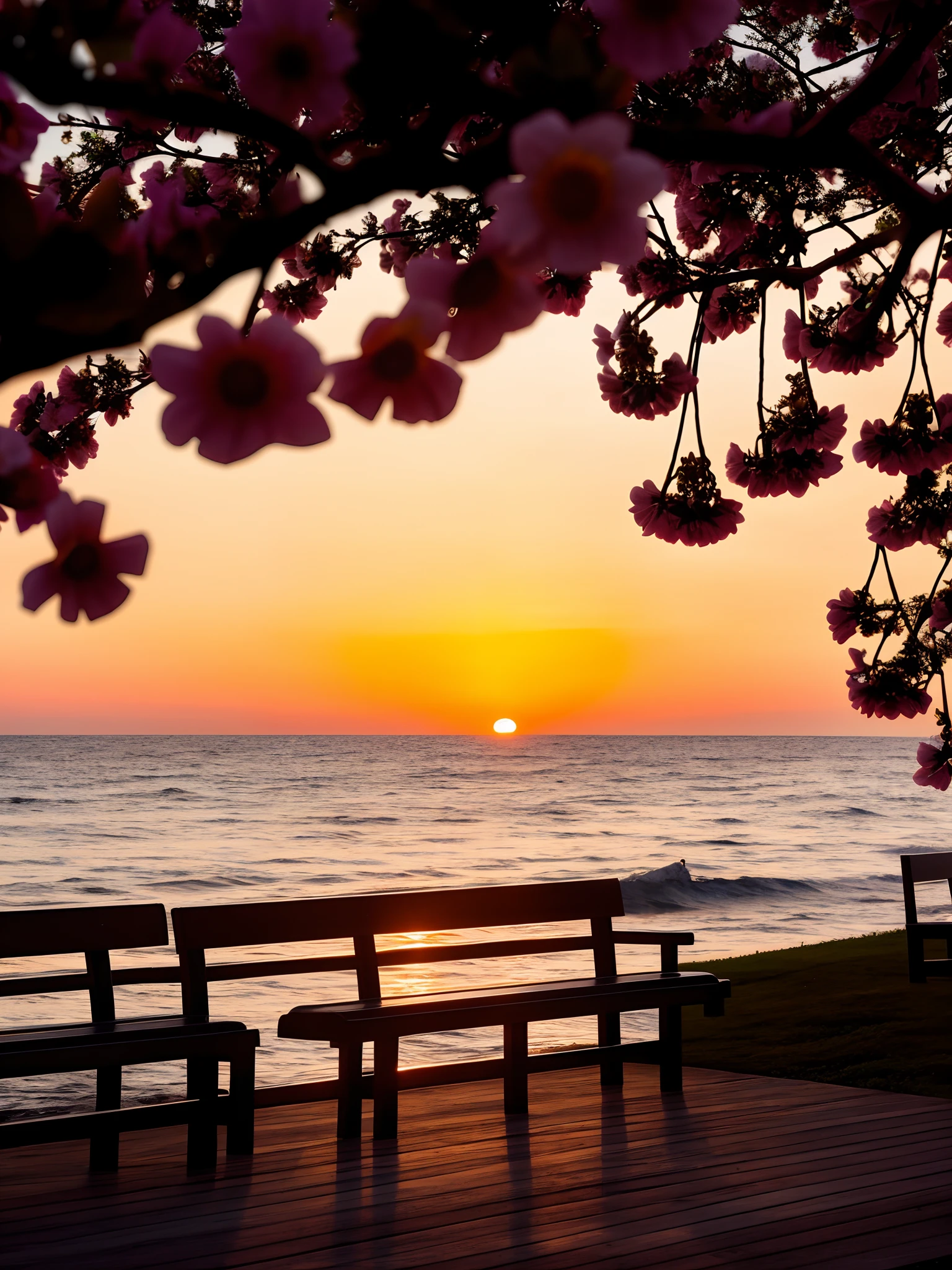 Sunset over the ocean,Benches and flowers in the foreground, warm beautiful scene, sunset warm spring, floral sunset, Beautiful sunset, stunning nature in background, beautiful sunrise, gorgeous romantic sunset, The most beautiful sunset, very beautiful scenery, Beautiful nature, Really beautiful nature, amazing sunset, Beautiful scenery, beautiful sunset glow, sunrise background, lindo cenario, Magnificent background